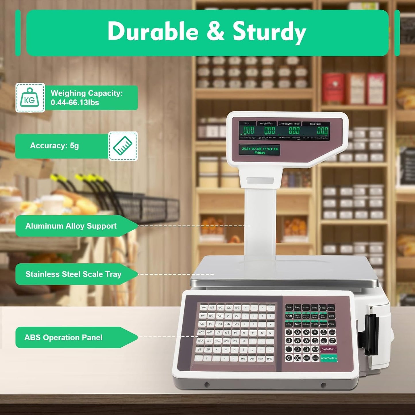 30kg/66lb Commercial Label Printing Scale - Barcode & Receipt Printer, Dual-Screen LCD, 63 Shortcut Keys, USB/App Connectivity for Supermarket, Retail, Grocery Store POS System
