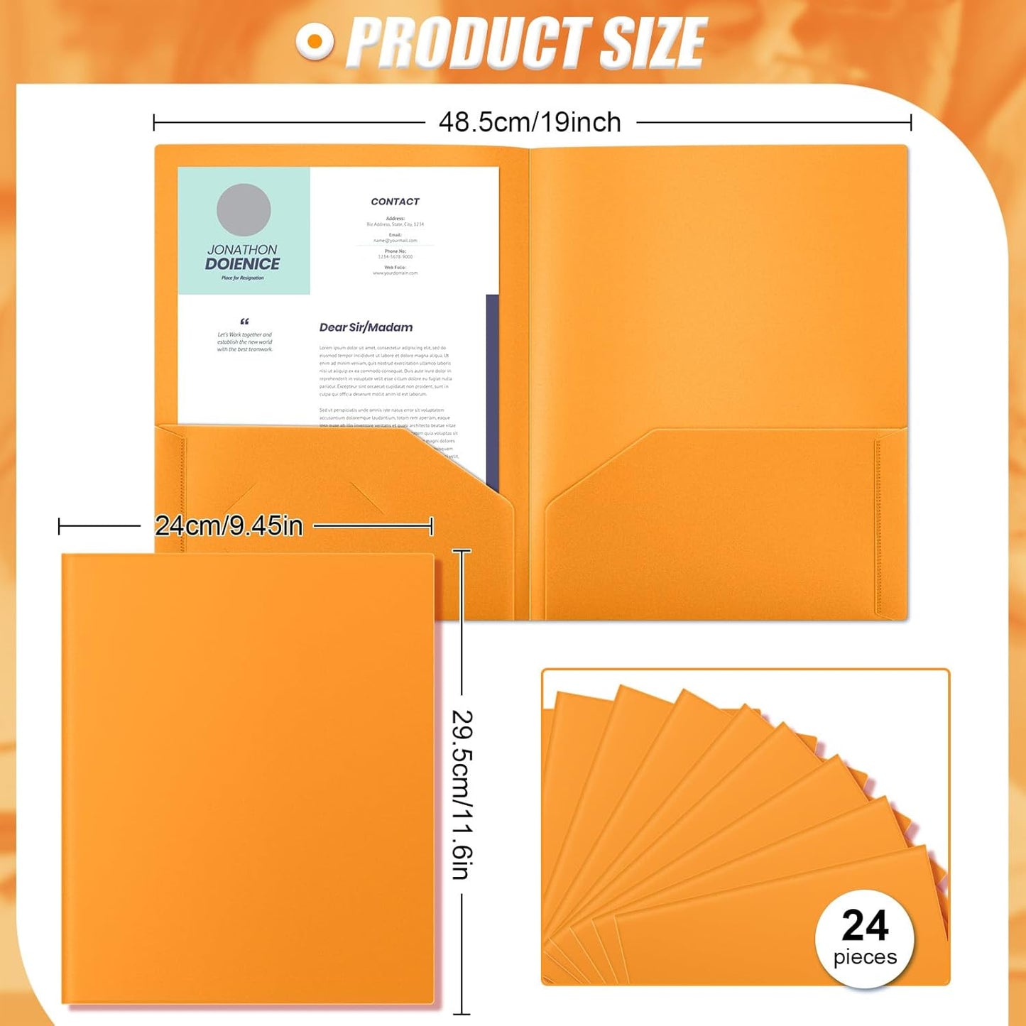 Gueevin 24 Pcs Plastic Folders with Pockets, Back to School Two Pocket Folder Fit Letter Size, Heavy Duty School Business Card Holder for Home Office, 11. 61 x 9. 45 Inches (Orange)