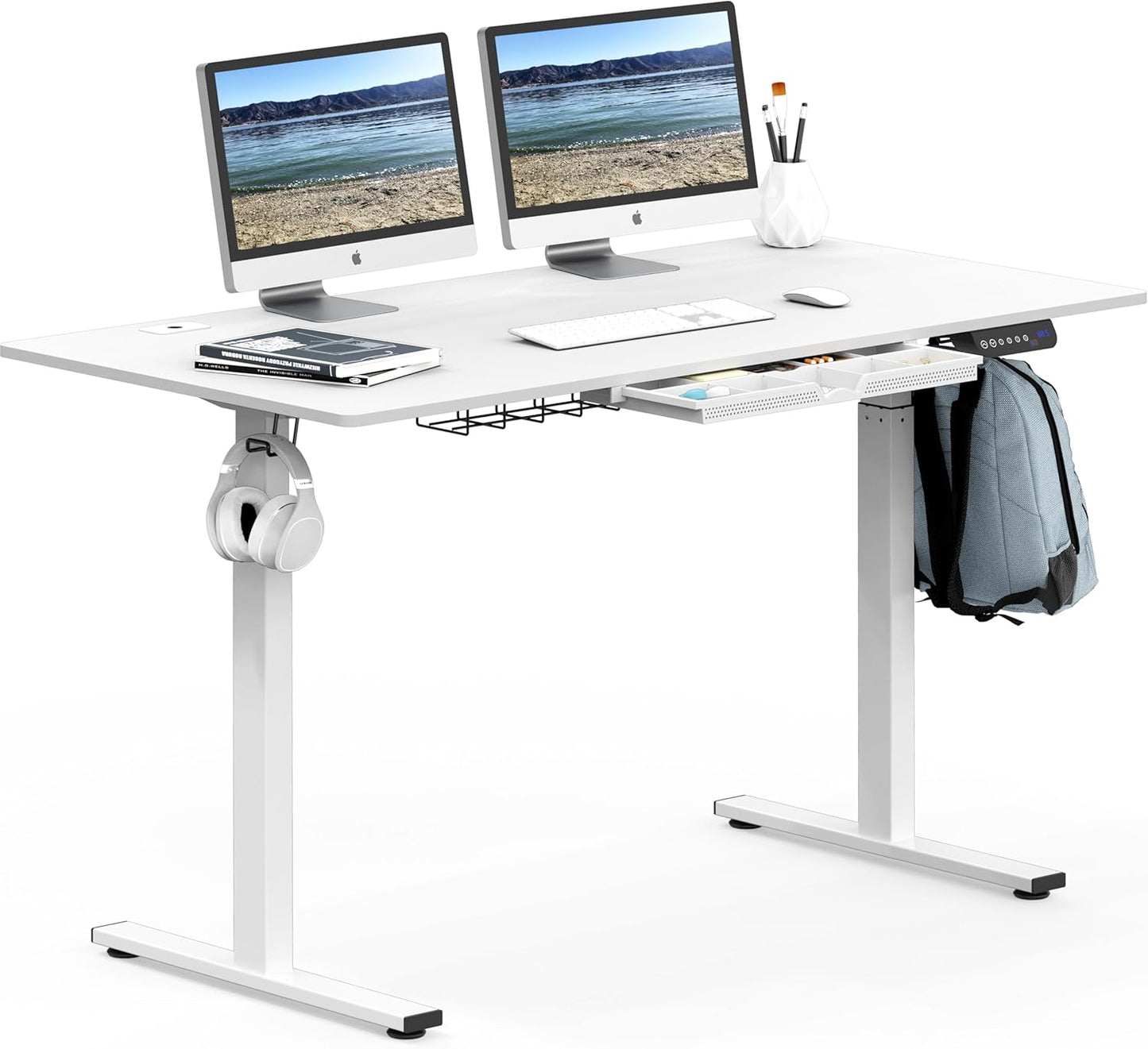 SHW 55 x 28 Inches Electric Height Adjustable Standing Desk with Drawer and Memory Preset, White
