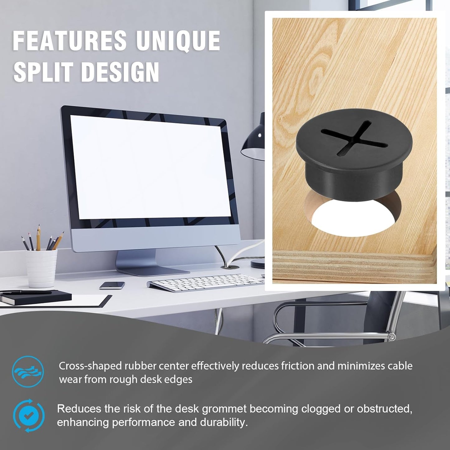 3/4" Black Desk Grommet, JTemgle Flexible Cable Grommet Cross Rubber Cable Hole Cover Wire Organizer Caps Desktop Cord Management for Home Office TV Stands Tabletops, 20 Pieces