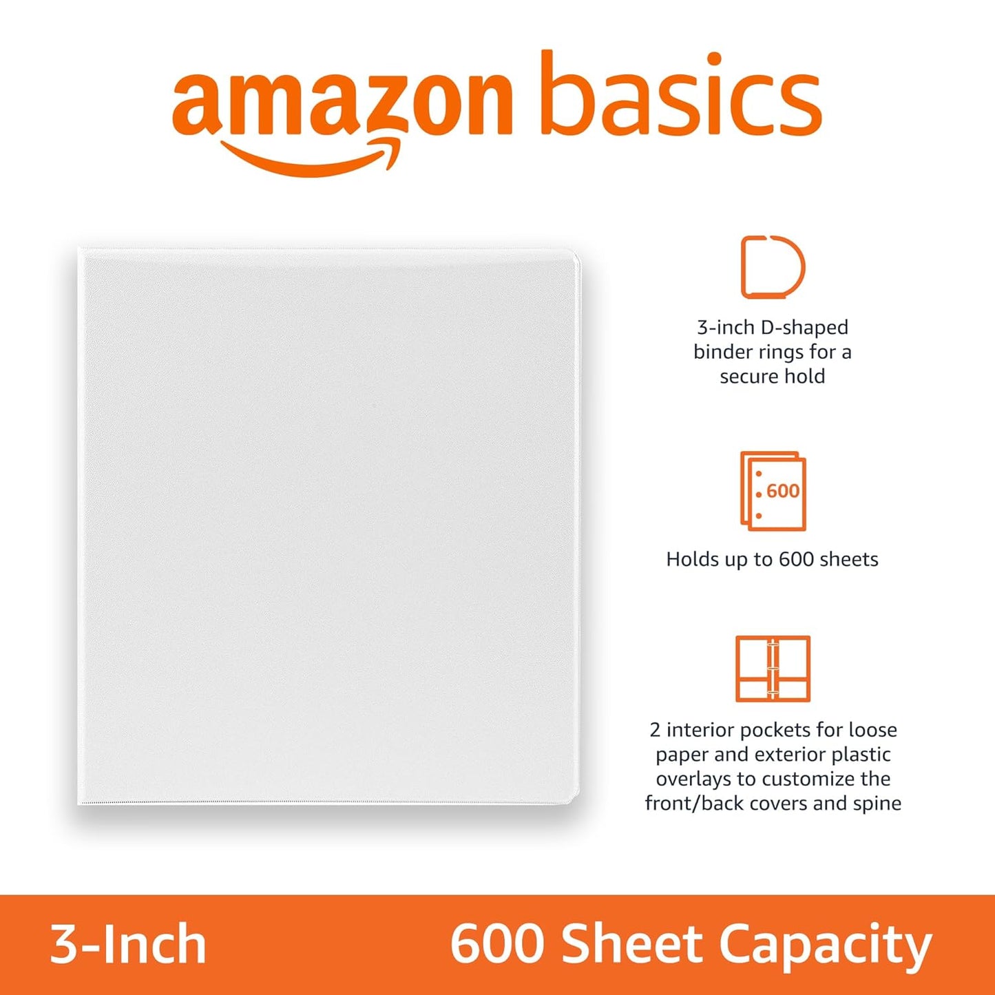 Amazon Basics 3 Ring Binders, 3 Inch, 2 Pack, D-Ring Organizer for School, Home Office, White