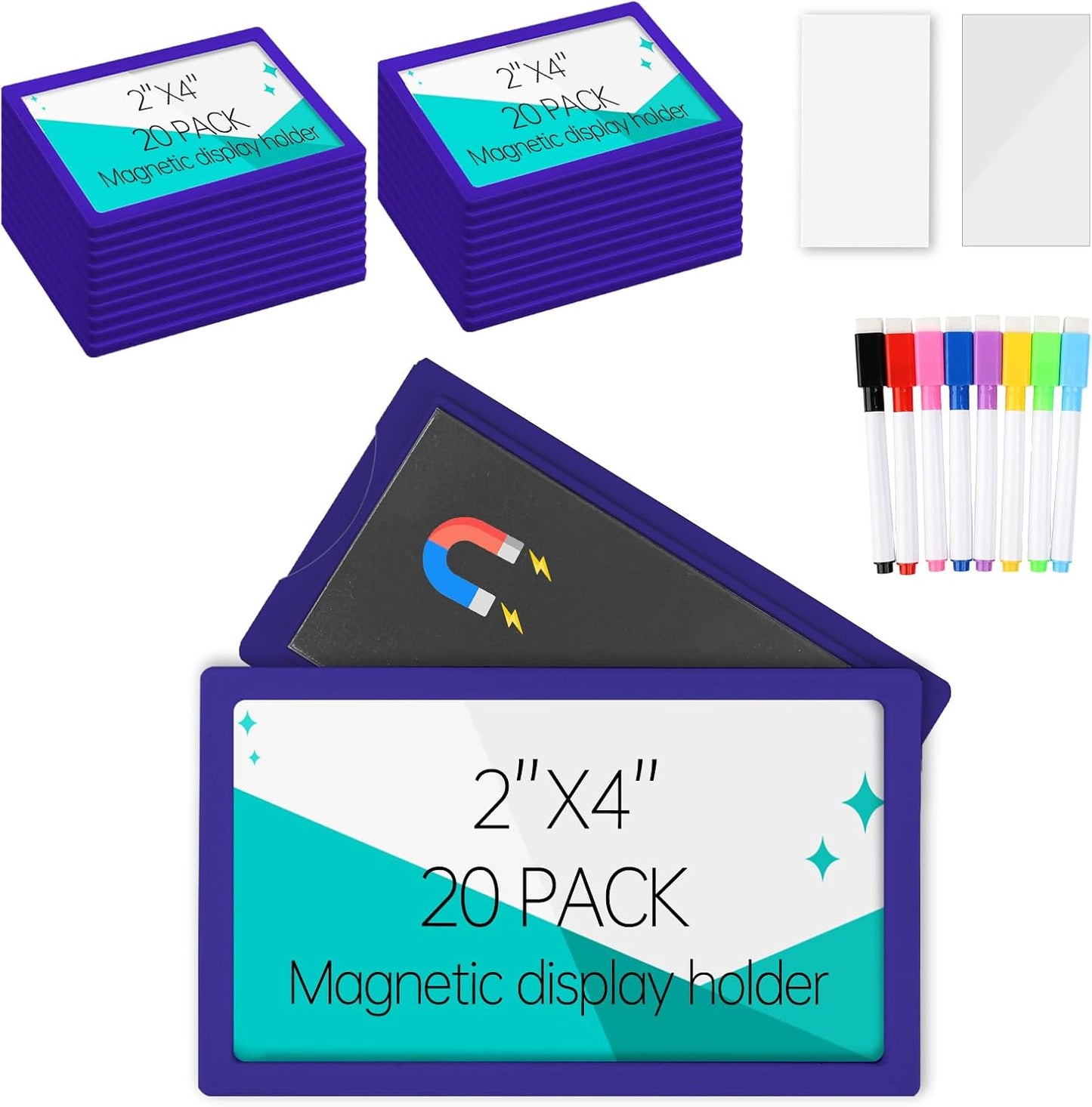 20Pcs Magnetic Plastic Label Holder 2x4 inch for Supermarket Store Price Tag, Metal Shelf File Storage Cabinet Drawer Label Tag Resuable with 8 Color Chalk Makers, 20Pcs White Paper (Blue)