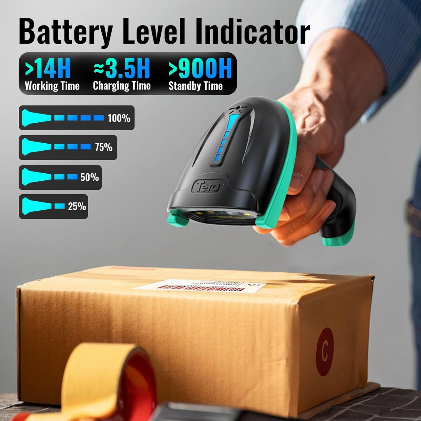 Tera Barcode Scanner 1D Wireless with Battery Level Indicator Versatile 2-in-1 (2.4Ghz Wireless+USB 2.0 Wired) 328 Feet Transmission Distance Rechargeable Barcode Reader USB Handheld Bar Code Scanner