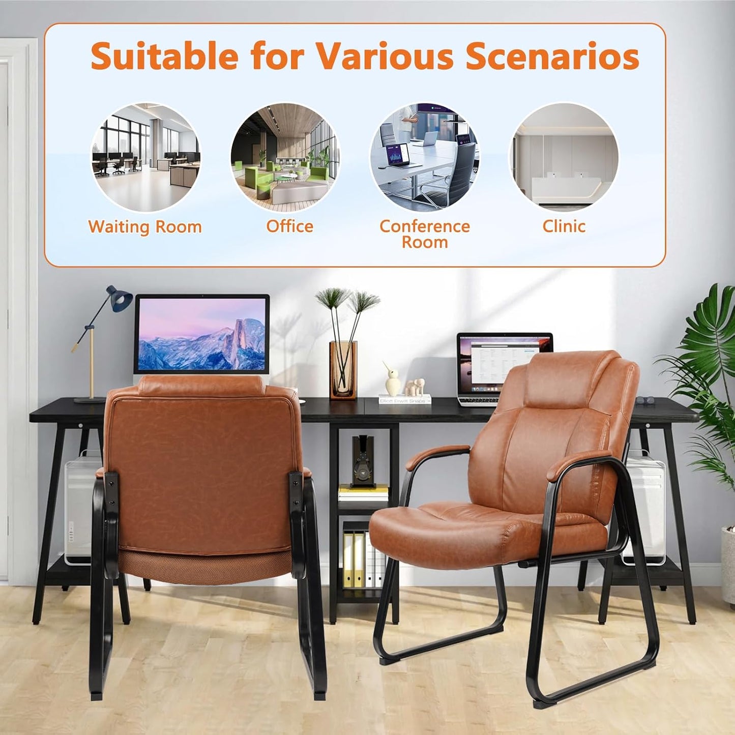 CLATINA Big & Tall 500 lb. Guest Chair, PU Leather Office Reception Chairs with Sled Base, Desk Chair No Wheels for Waiting Room Conference Lobby Computer Living Room, Brown, 2 Pack