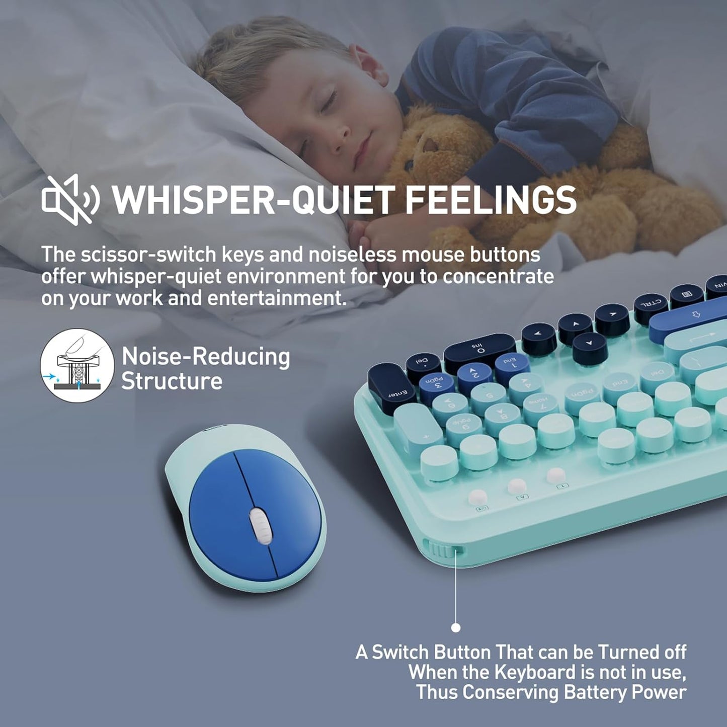 FOPETT 2.4GHz Wireless Keyboard and Mouse Set with Switch Button - Full-Size Keyboard - Compatible for Windows/Laptop/PC/Notebook/Smart TV and More - Blue