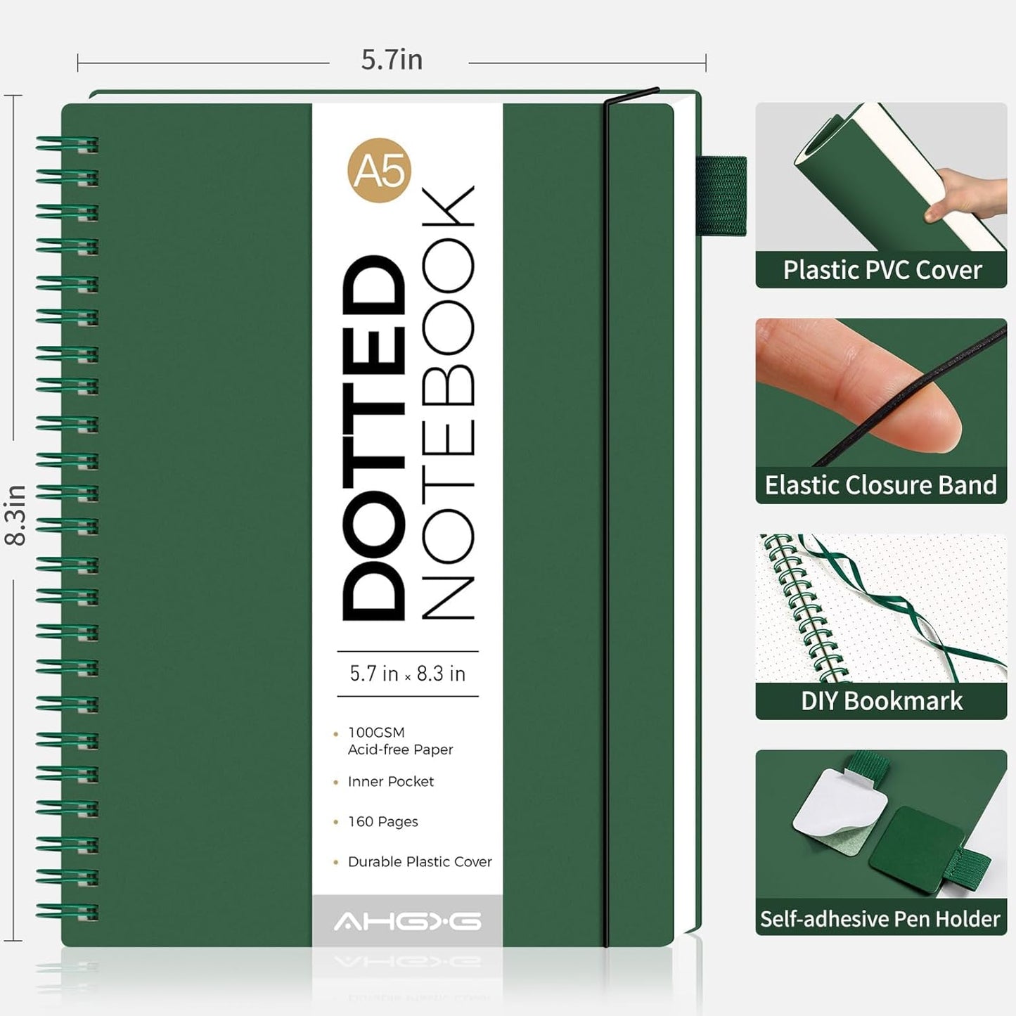 AHGXG Bullet Dotted Journal - Dot Grid Spiral Notebook A5, 160 Pages, 100 GSM Thick Paper, Waterproof Plastic Cover Journals for Bullet Journaling, Sketching, 5.7" x 8.3", Green