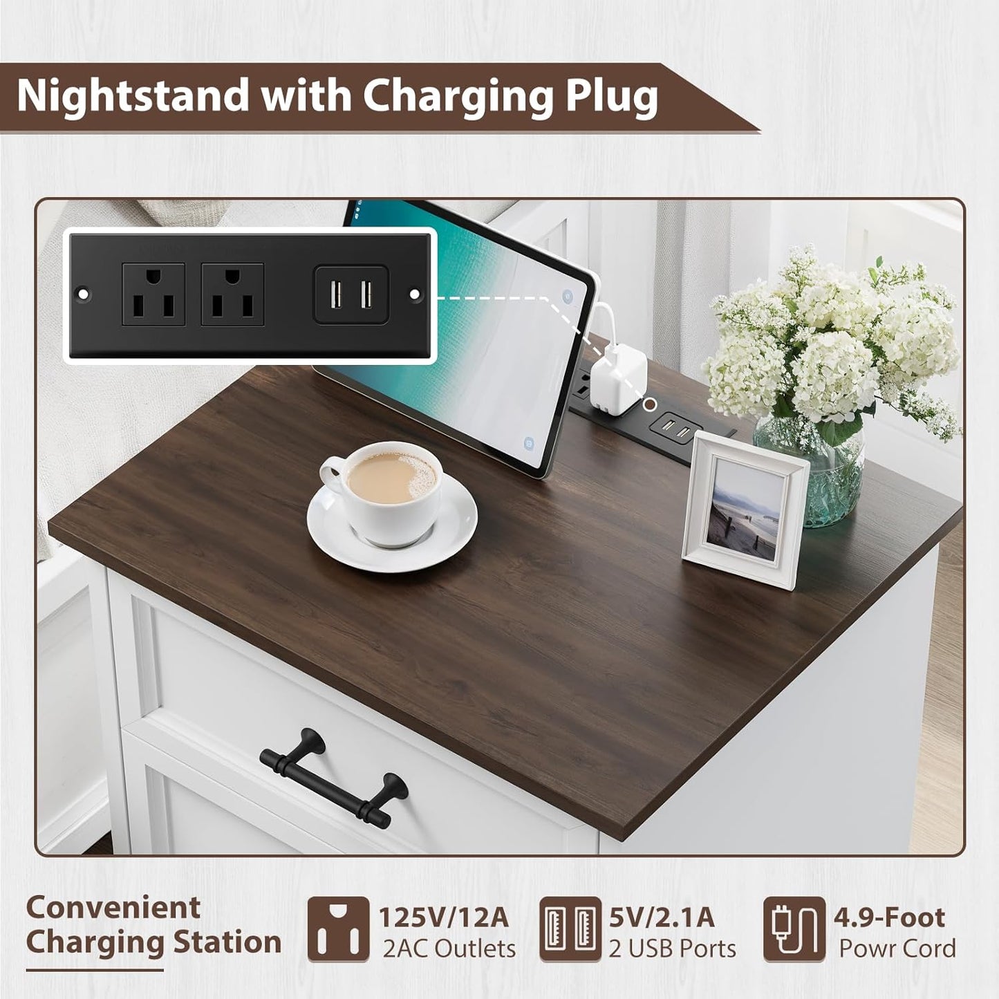 White Nightstand with Charging Station, 19.7" Farmhouse End Table with 3 Drawers Storage, Bedside Table with Brushed Metal Handles, Unique Base Design, 3 Drawer Dresser for Bedroom, Living Room