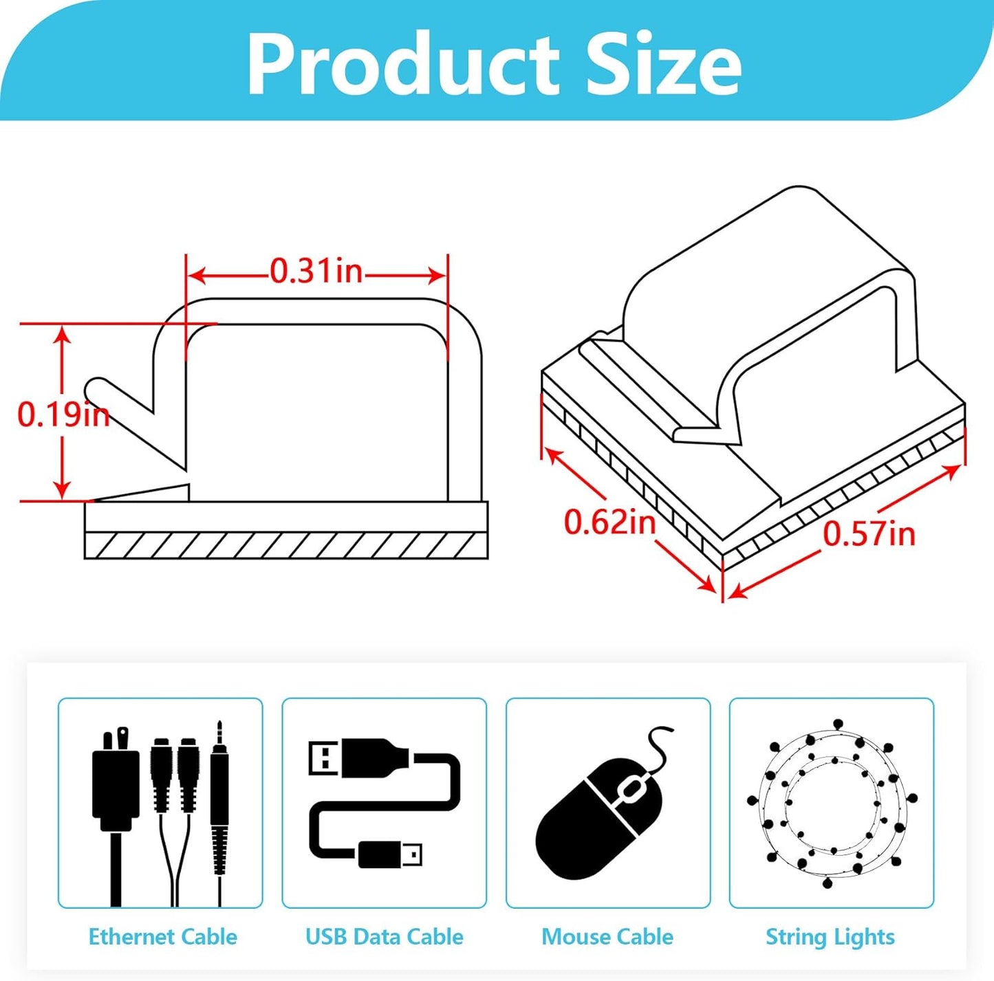 100PCS Adhesive Cable Clips, Wire Holder Organizer Cord Management, Cable Staples Outdoor Strong Cord Clips for Wall, Desk, Christmas Lights, String Lights, TV PC Ethernet Cable, Black Small