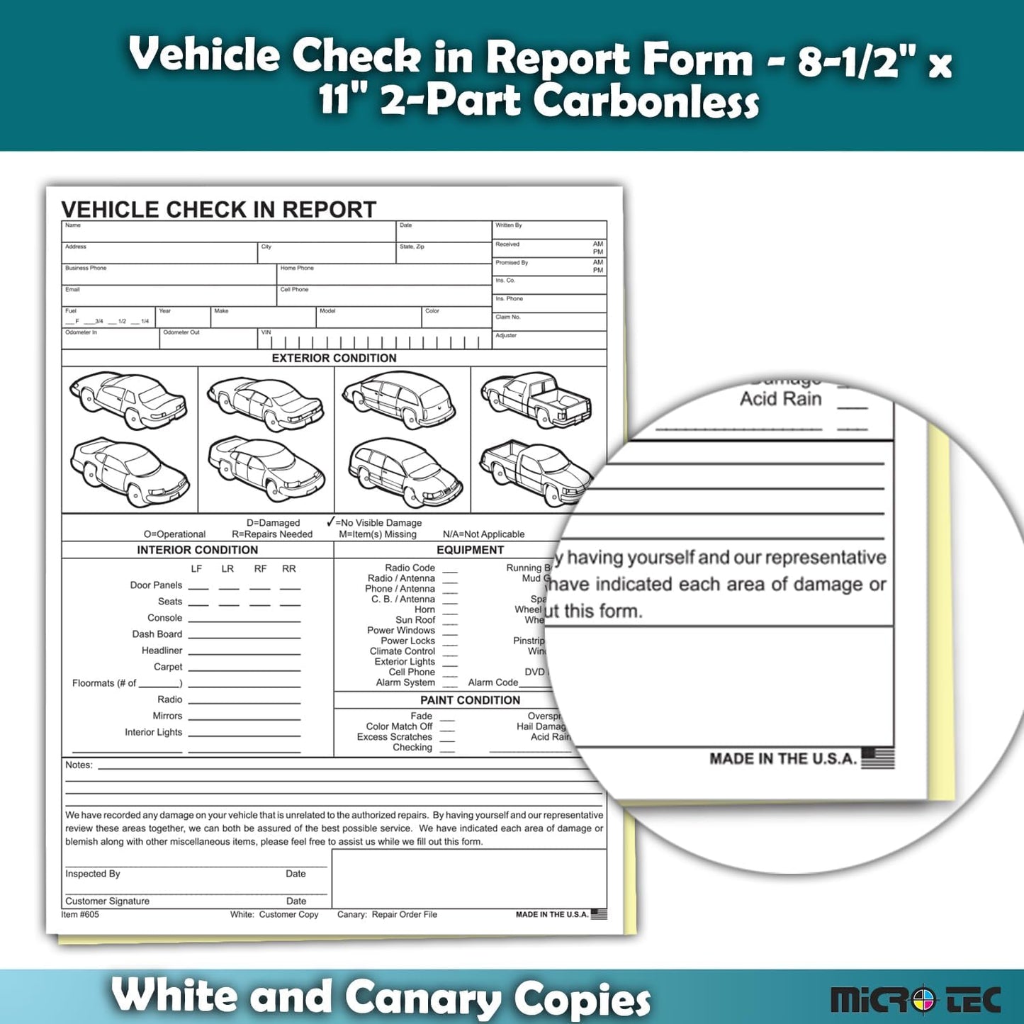 Vehicle Check-In Form Pad – 8.5" x 11" 2-Part Carbonless Auto Condition Report – White & Canary Copies – Service Intake Sheet for Car Dealerships, Repair Shops & Mechanics – Pack of 400