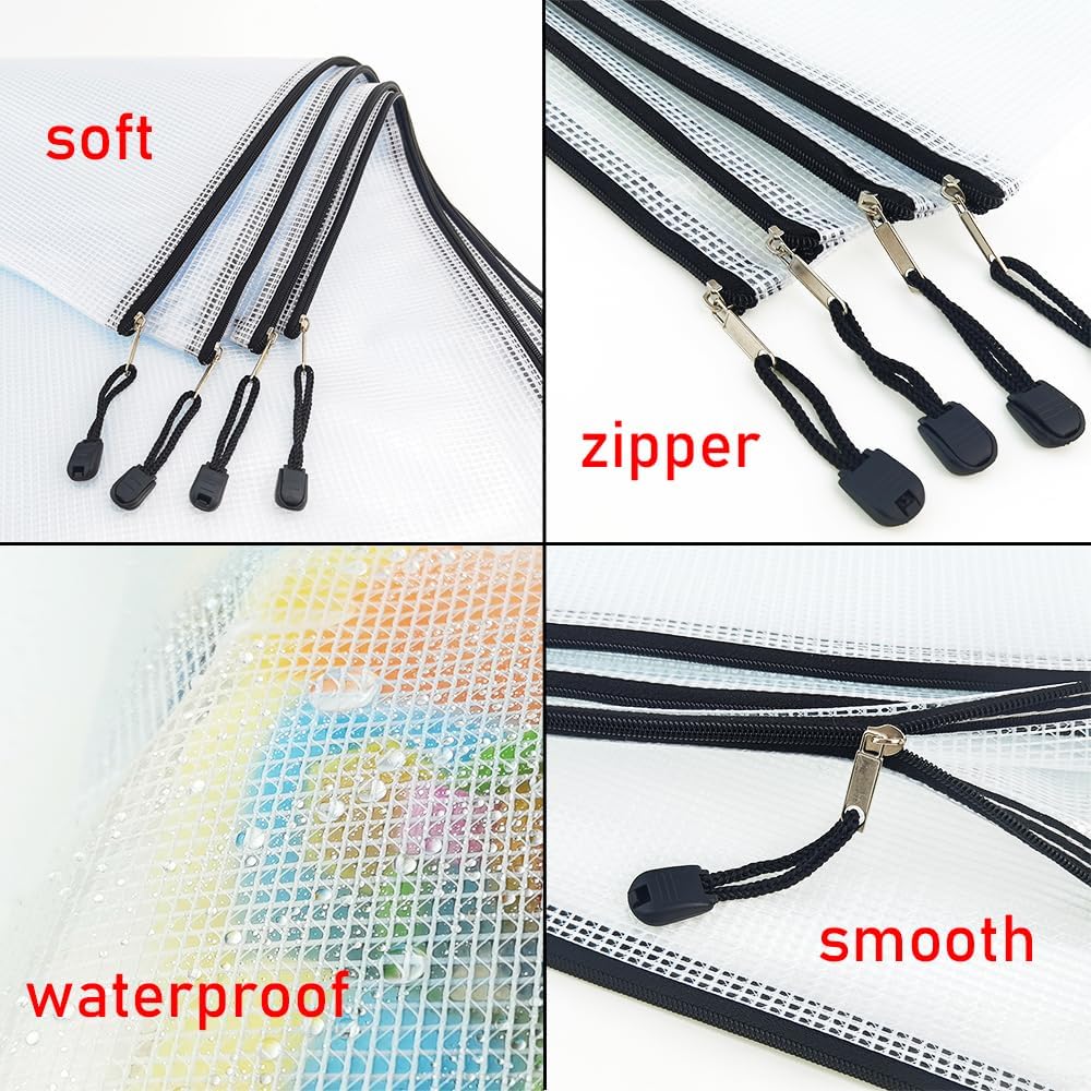 AUSTARK 10 Pcs Zipper File Bags, Waterproof Plastic Mesh Pouch for Office School, Board Game Storage Bags (A5 Size 9.2''x6.7'', White and Black)