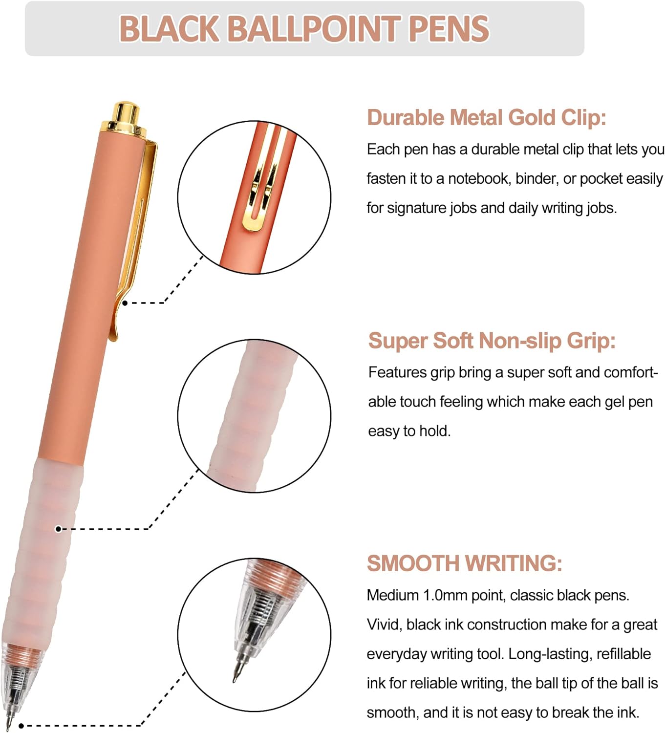 Linbsunne Ballpoint Pens Medium Point 1mm Black Ink Work Pen with Super Soft Grip Ball Point Pen for Men Women Retractable Office Pens (Gold Clip-6 count)