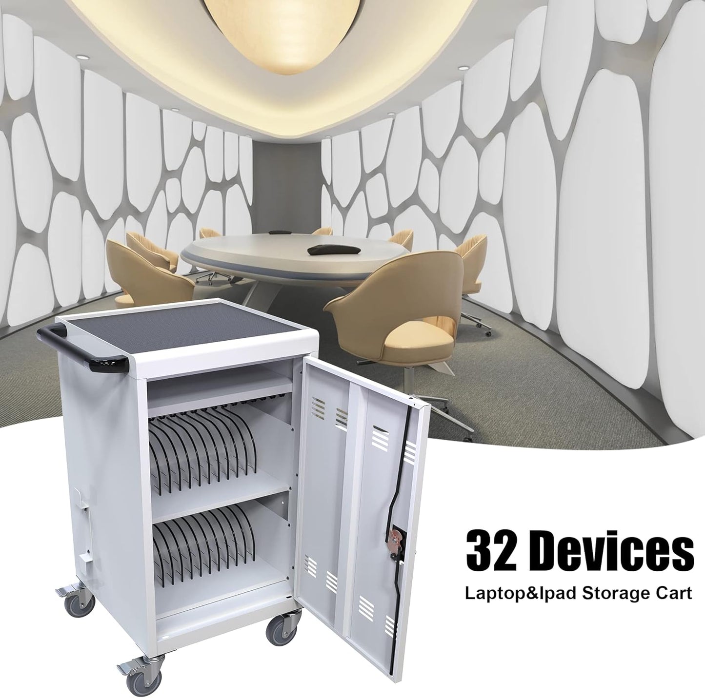 Laptop Charging Cart, White, Durable, 32 Devices, Fast Charging, Security Storage, Easy Use, Anti-Rust