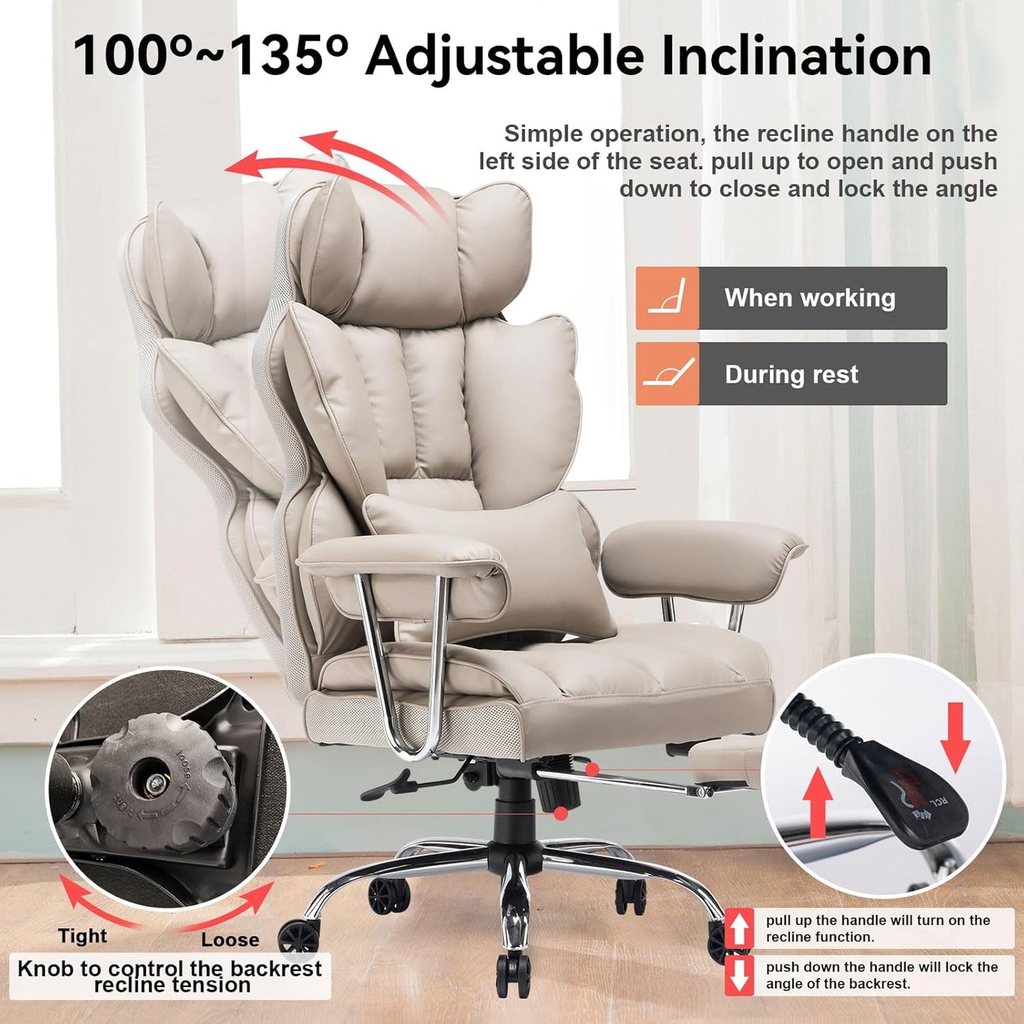 Efomao Big and Tall Office Chair 400lbs – High Back PU Leather Executive Chair with Lumbar Support, Footrest, Swivel Base, Padded Armrests, and Rolling Wheels for Home Office, Grey Computer Chair