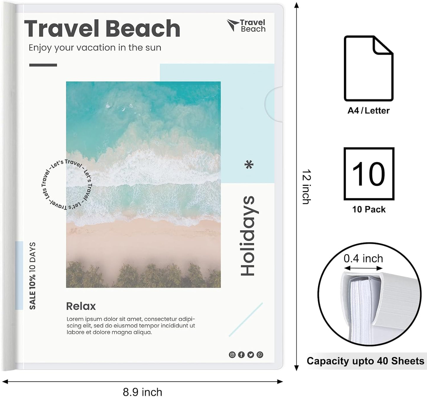 JOERSH 10Pcs Clear Report Covers with Sliding Bar, 40 Sheet Capacity Plastic Binder Paper Protector, Report Folders with Clear Cover for Resume File Documents, 5 Colors