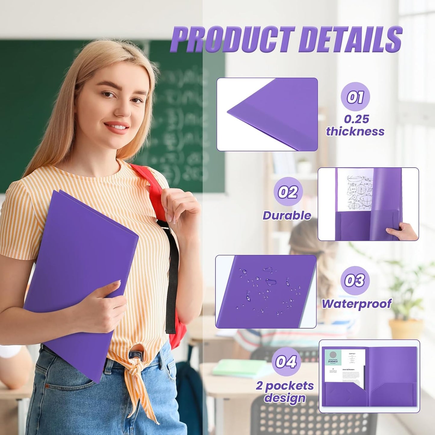 Gueevin 100 Pcs Two Pocket Folders Bulk Plastic File Folder with 2 Pockets Letter Size Paper Heavy Duty Durable Portfolios Case for Home Office School Business 11.61 x 9.45 Inch (Purple)