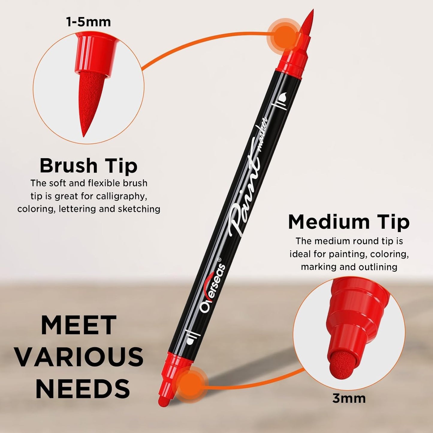 Overseas 12 Dual-Tip Acrylic Paint Markers Pens - Acrylic Paint Pens with Brush and Dot Tip, No Bleeding Coloring Marker for Wood, Rock, Glass, Metal, Ceramic, Plastic, Fabric, Teacher Supplies
