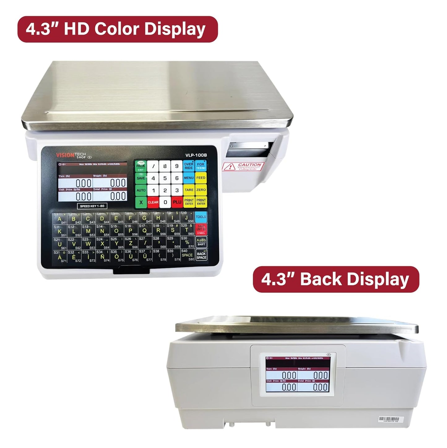 VisionTechShop VLP-100B Label Printing Scale, Capacity 30/60lb Readability 0.01/0.02lb, NTEP Legal for Trade, (Korean Option)