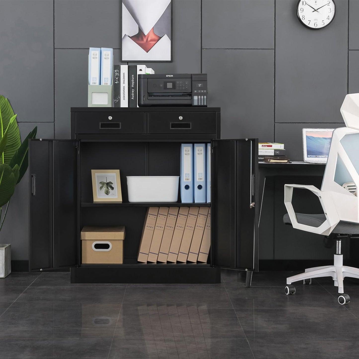 Metal Storage Cabinet with Locking Doors and 2 Drawers, 36” Garage Cabinet for Classroom, Home and Office - Black