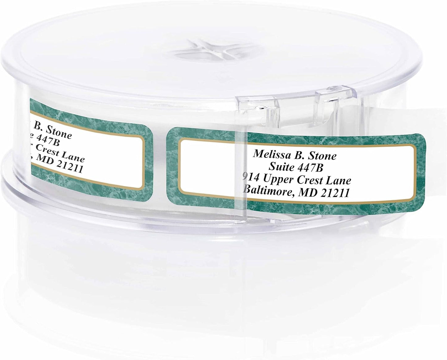 Green Marble Designer Rolled Name & Address Labels with Elegant Plastic Dispenser