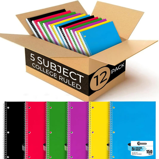 Spiral Notebook 12 Pack, 5 Subject, 300 Pages/Book (150 Sheets), College Ruled, 8 x 10-1/2, School & Office Bulk Spiral Notebooks, Spiral Journal for College, Soft Cover, Assorted Colors