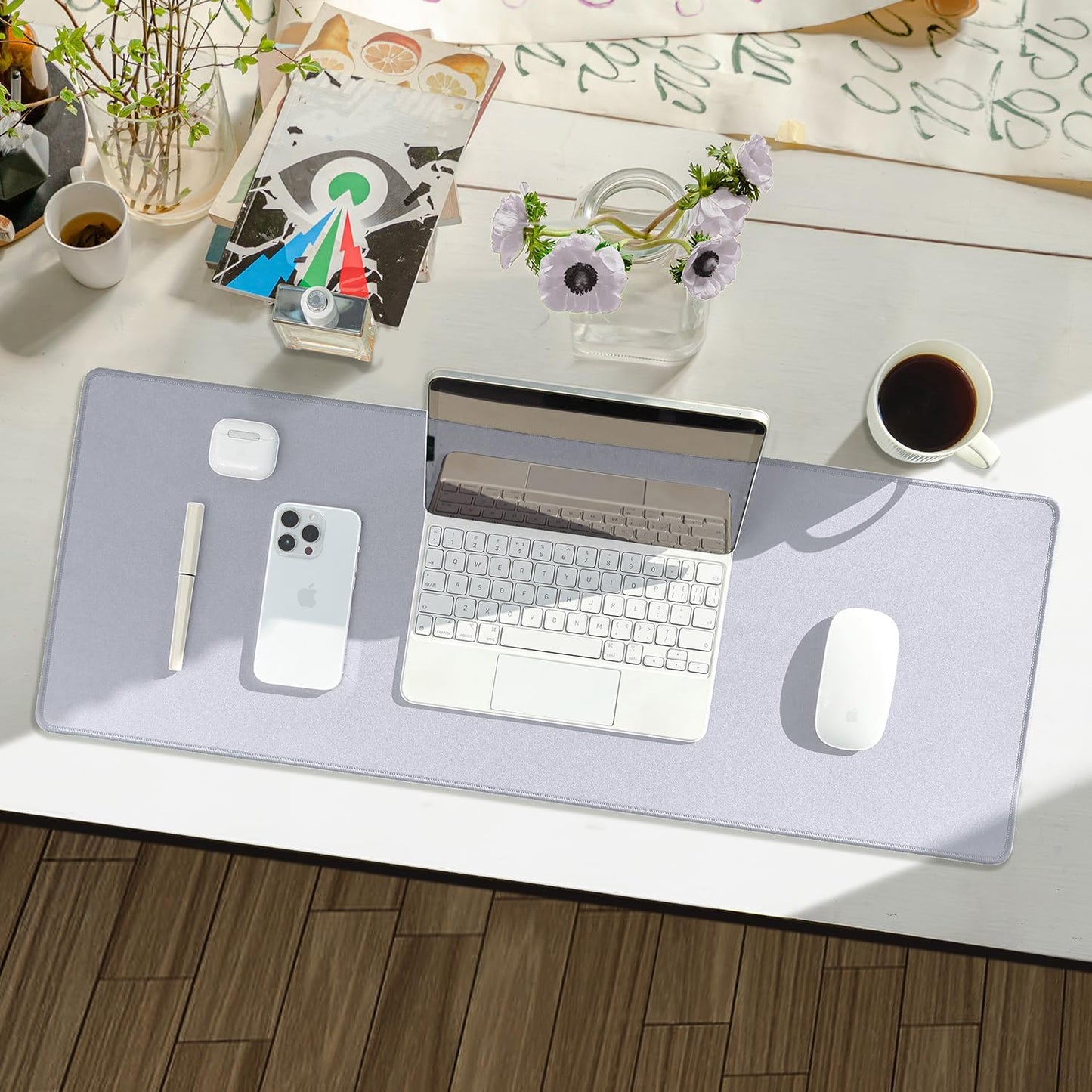 Waterproof Large Gaming Mouse Pad with Durable Stitched Edges, Non-Slip Rubber Base, Grainy Jacquard Mouse Mat Desk Pad for Home Office Gaming, 15.74"x35.43"x0.12", Light Gray