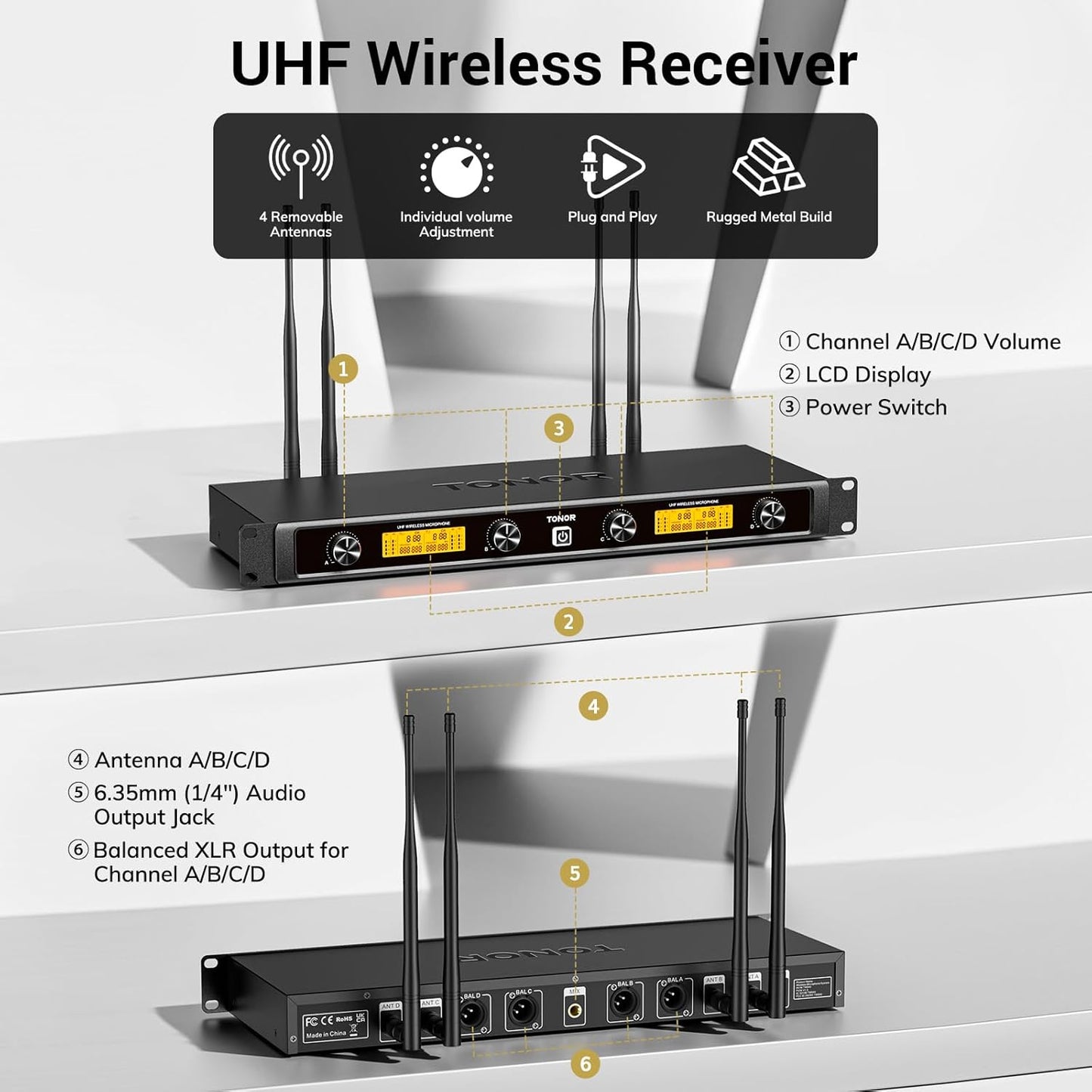 TONOR Wireless Microphones System with 4x10 Channels Metal Cordless Handheld Microfonos, 4 Antennas for 295FT UHF Range, Mics with Stable Signal Transmission for Singing Party Church Karaoke, Silver