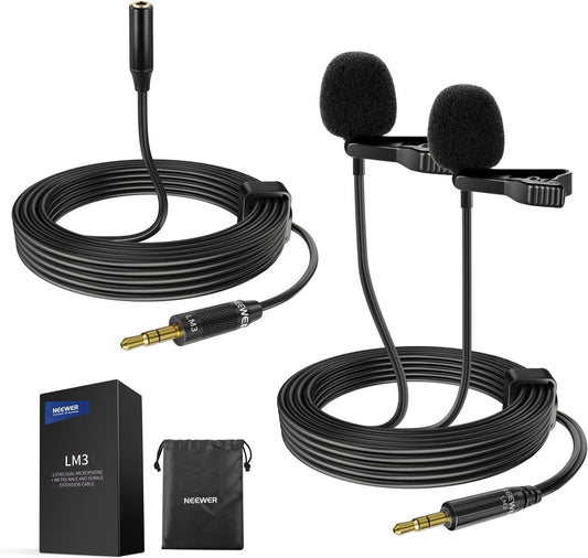 NEEWER 2m Wired Dual Lavalier Microphones with 4m Extension Cable, Mini Clip On Omnidirectional Condenser Lapel Lav Mic 3.5mm TRS for DSLR Mirrorless Camera Camcorder Interview Vlog, LM3