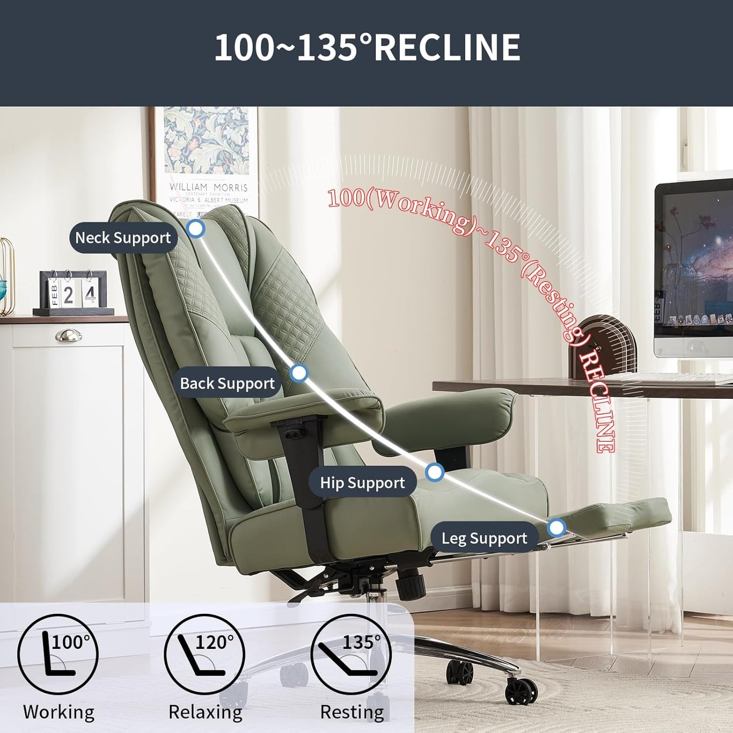 Big and Tall Office Chair 400lbs Wide Seat, Leather High Back Executive Office Chair with Foot Rest, Ergonomic Chairs Lumbar Support for Lower Back Pain Relief (Light Green)