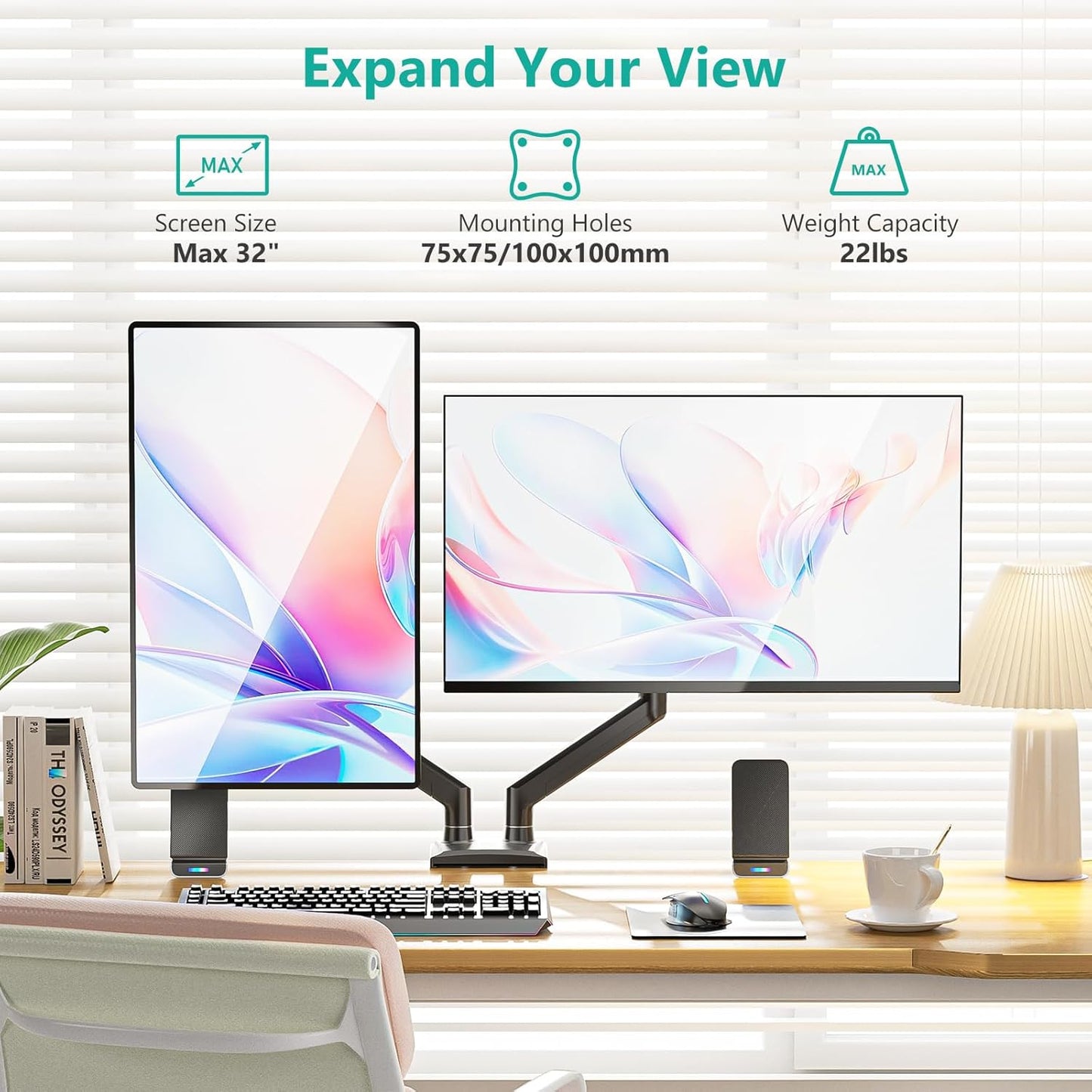 WALI Dual Monitor Stand for 17-32 inch Computer Screens, Dual Monitor Arms for 2 Monitors Holds up to 22 lbs, Height Adjustable Gas Spring Dual Monitors Mount, VESA 75x75/100x100mm (GSMP002N), Black