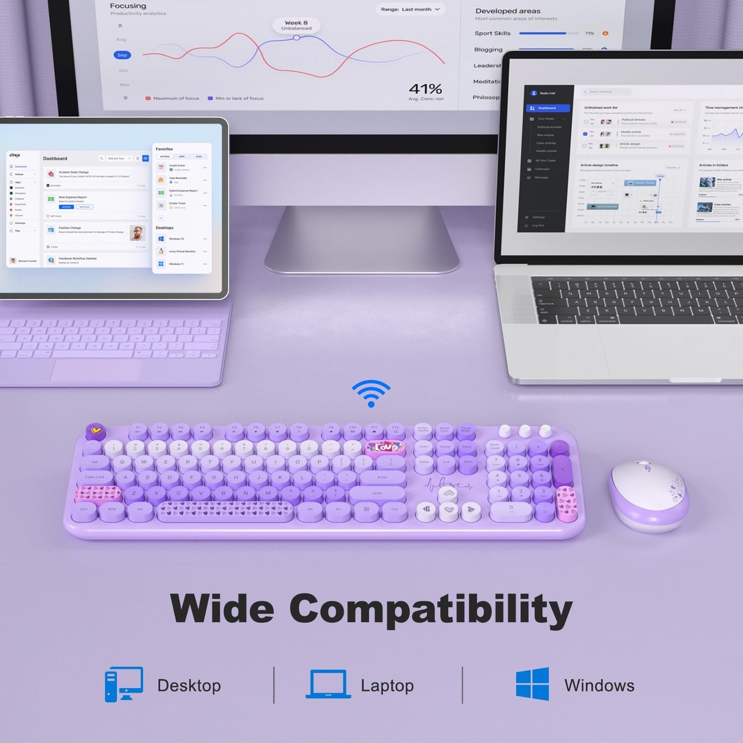 MOFII Wireless Keyboard and Mouse Combo, Cute Retro Typewriter Keyboard and Silent Mouse, 2.4GHz Full Size Computer Keyboard Wireless Mouse Set for PC, Laptop, Desktop, Windows (Purple Colorful)