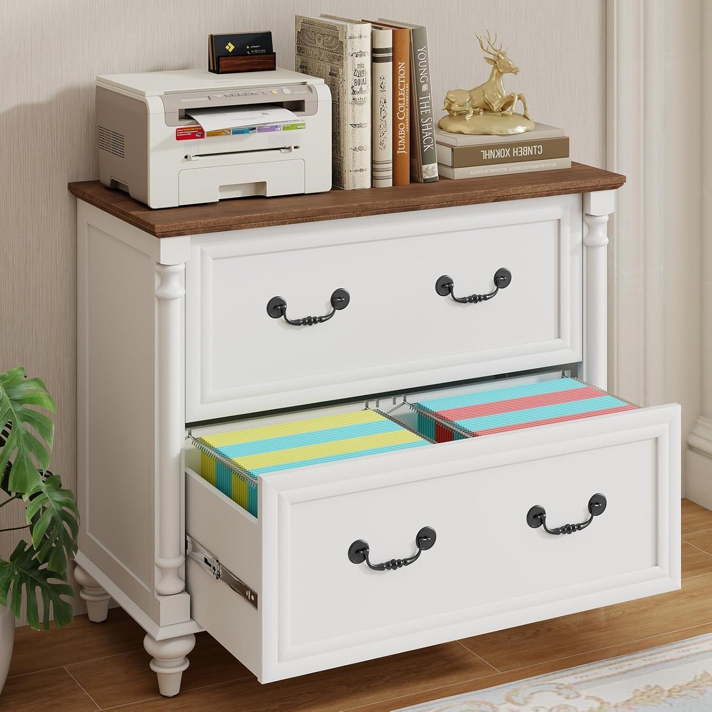 Lateral File Cabinet 2 Drawers Farmhouse File Cabinet Set of 2 for Letter/A4/Legal Size Hanging Files, Large Rustic White Storage Cabinets Printer Stand with 4 Solid Wood Feet &Column Decor for Office