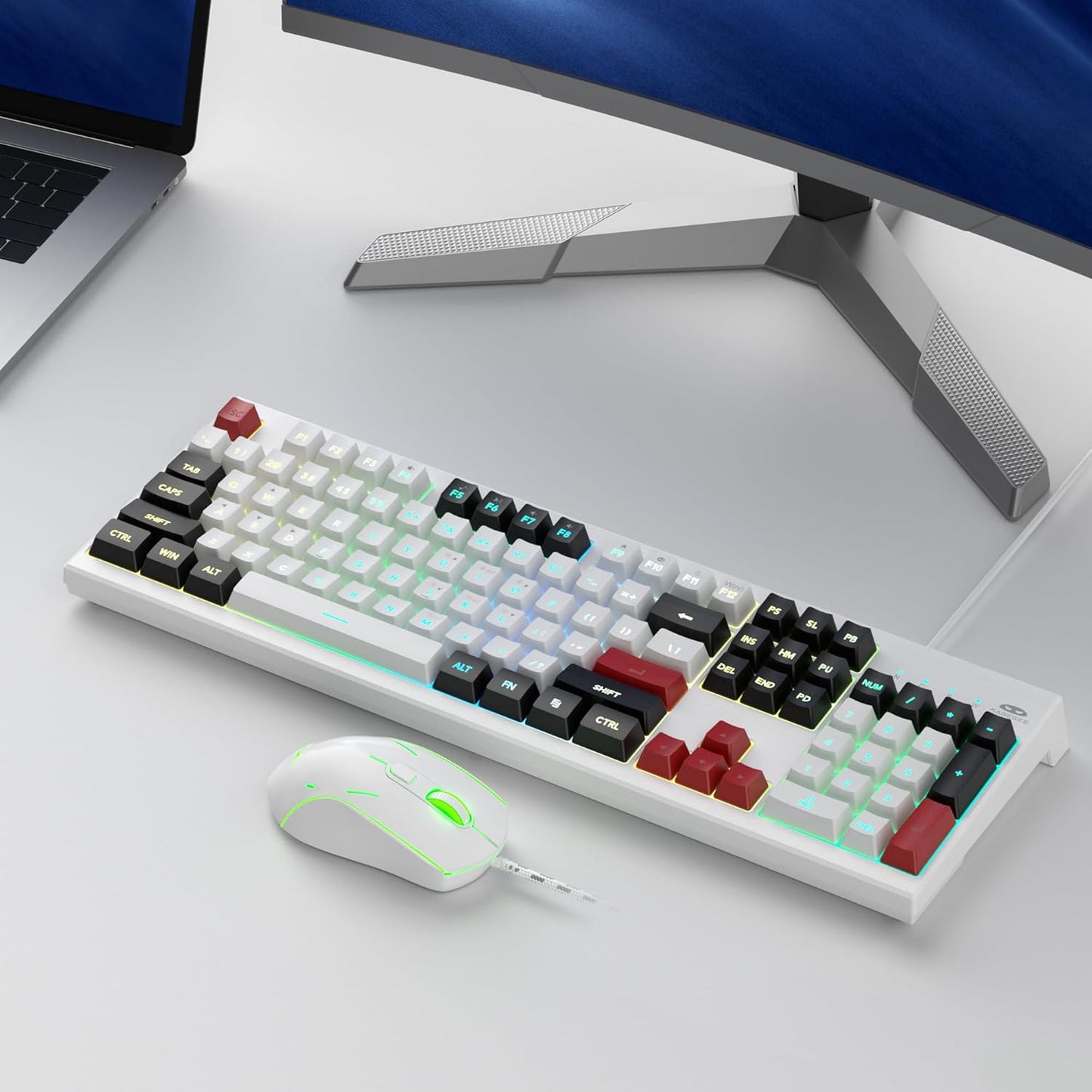 MageGee Creamy Keyboard and Mouse Comb,K2 Classic Keyboard Wired RGB Backlit Keyboard 104 Waterproof Ergonomic Keyboard,PC Keyboard for PC/loptop/MAC - Knight Red