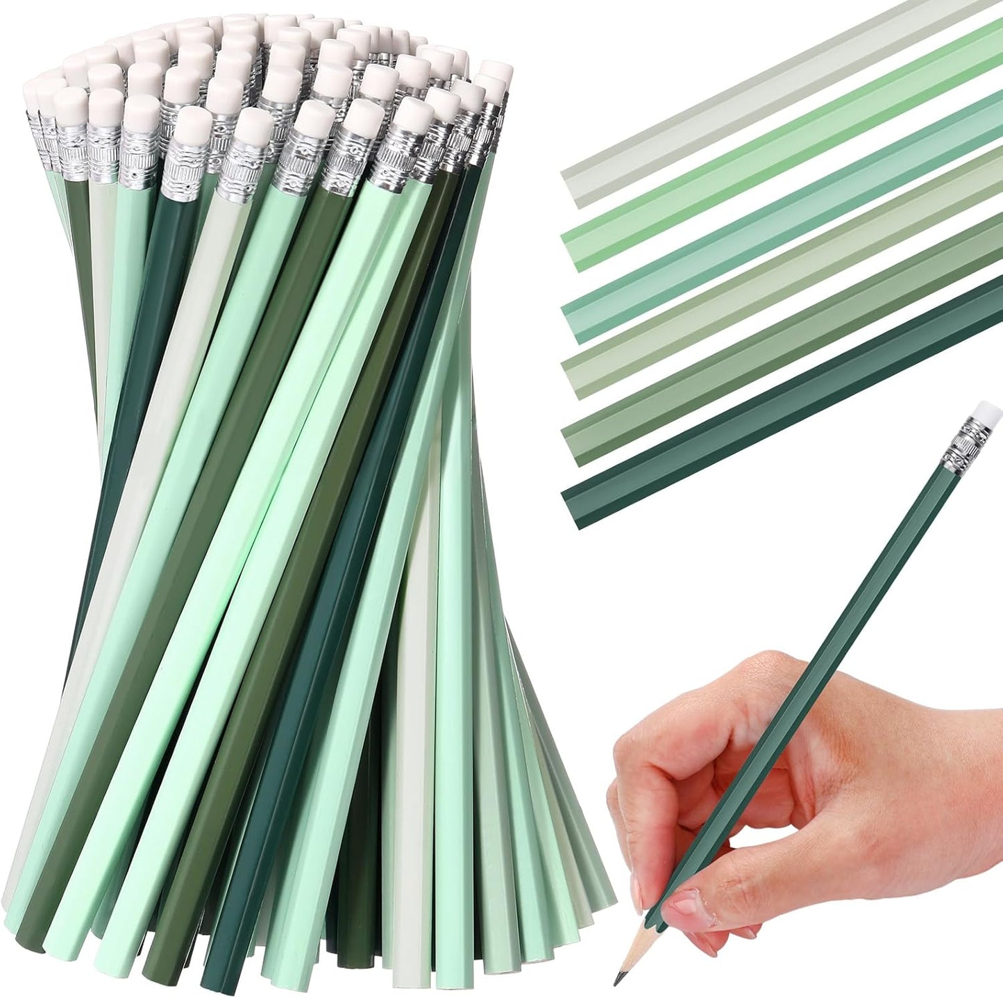 TecUnite 60 Pcs HB Pencils #2 Unsharpened Wood Cased Pencils with Eraser Hexagonal Pencil Cute Graphite No 2 Pen for Adults Gifts Exam School Office Sketching Learning(Green Series, White)