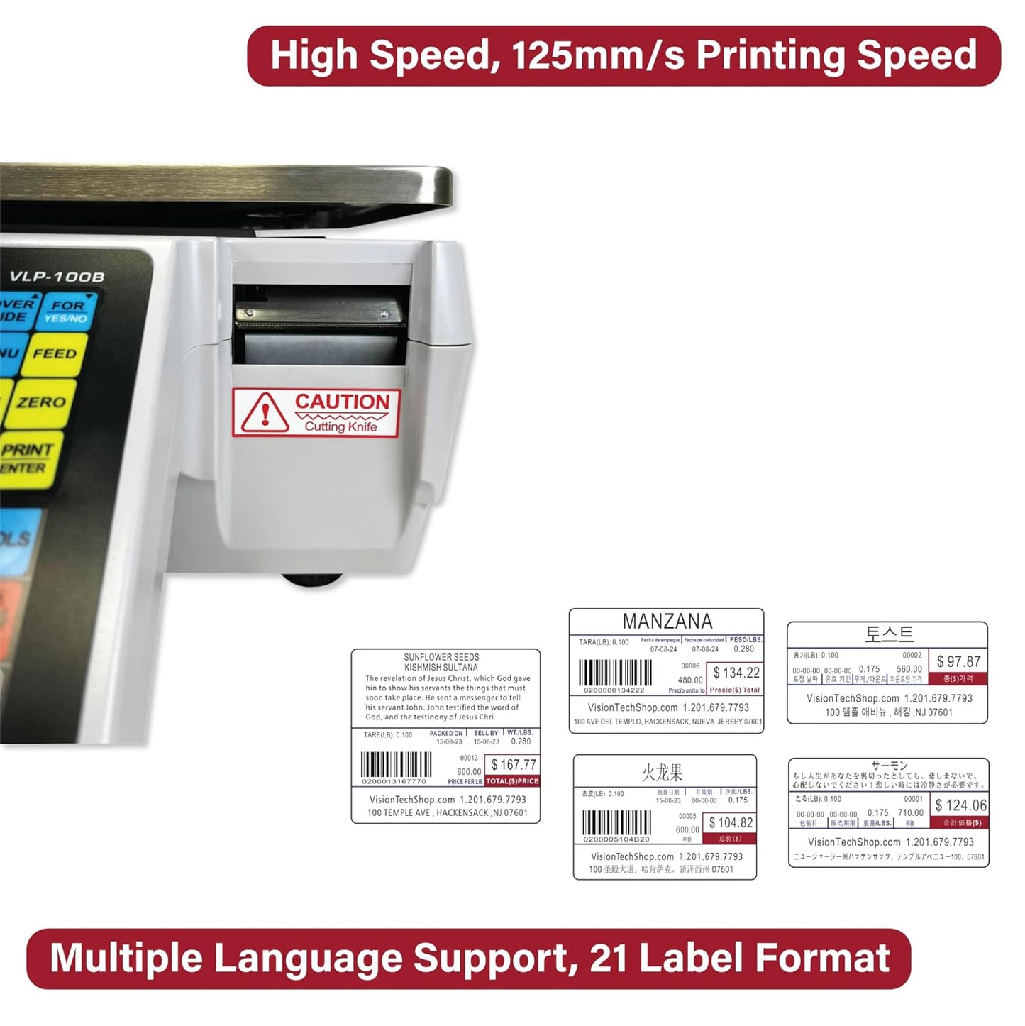 VisionTechShop VLP-100B Label Printing Scale, Capacity 30/60lb Readability 0.01/0.02lb, NTEP Legal for Trade