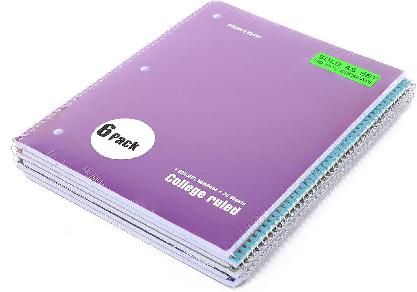 Mintra Office Spiral Notebooks - 1 Subject, 70 Sheets, College Ruled, 8in x 10in, Bulk Pack, PRIMARY Color Covers, Set of 6 - for School, Office, Business, Professional (4657)