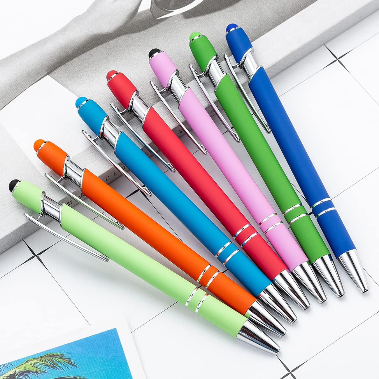 PASISIBICK 8 Pieces Ballpoint Pens 2-in-1 Stylus Retractable Metal Stylus Pen for Touch Screens with Stylus tip, 1.0 mm Black Ink (8 Pastel Colors)