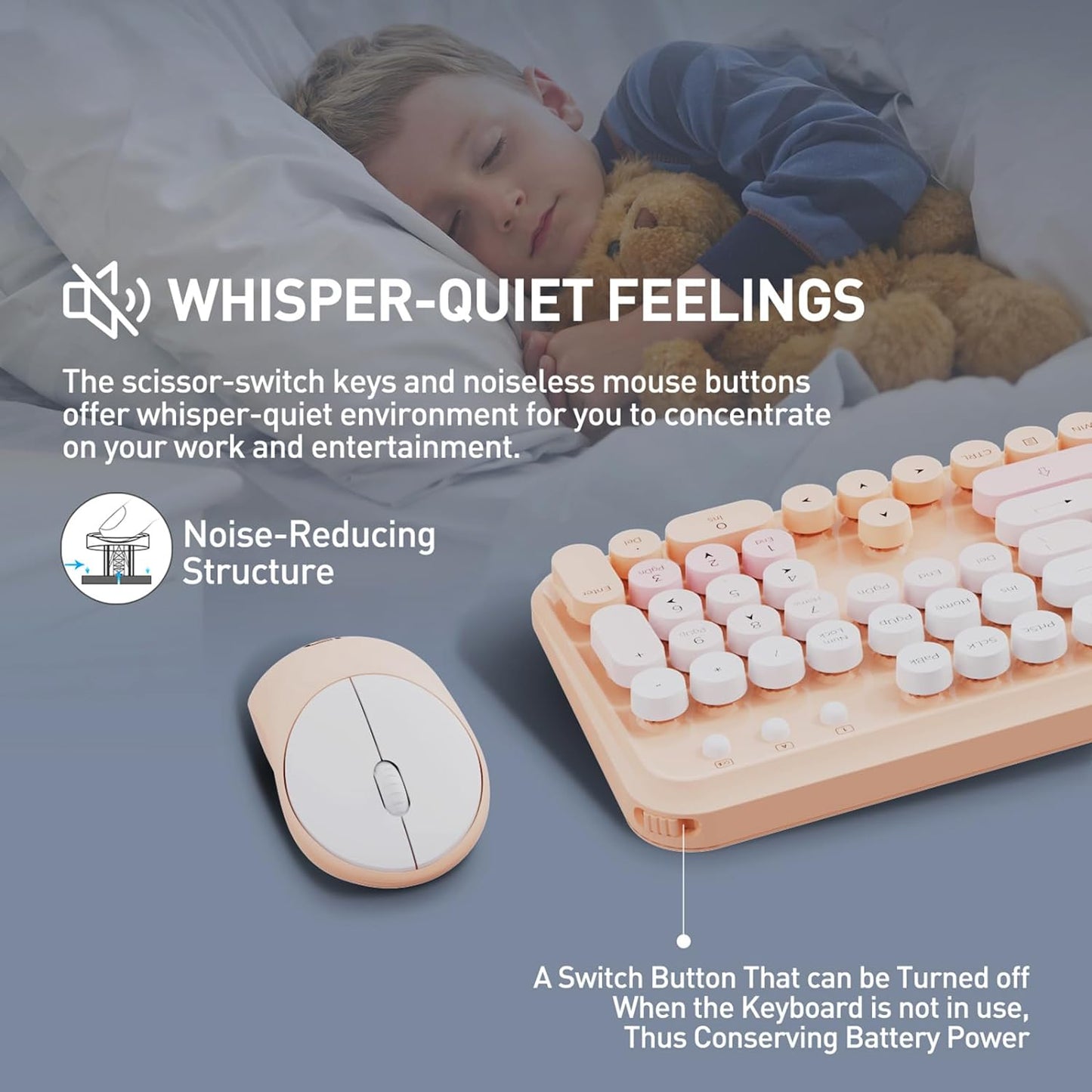 FOPETT 2.4GHz Wireless Keyboard and Mouse Set with Switch Button - Full-Size Keyboard - Compatible for Windows/Laptop/PC/Notebook/Smart TV and More - Pink