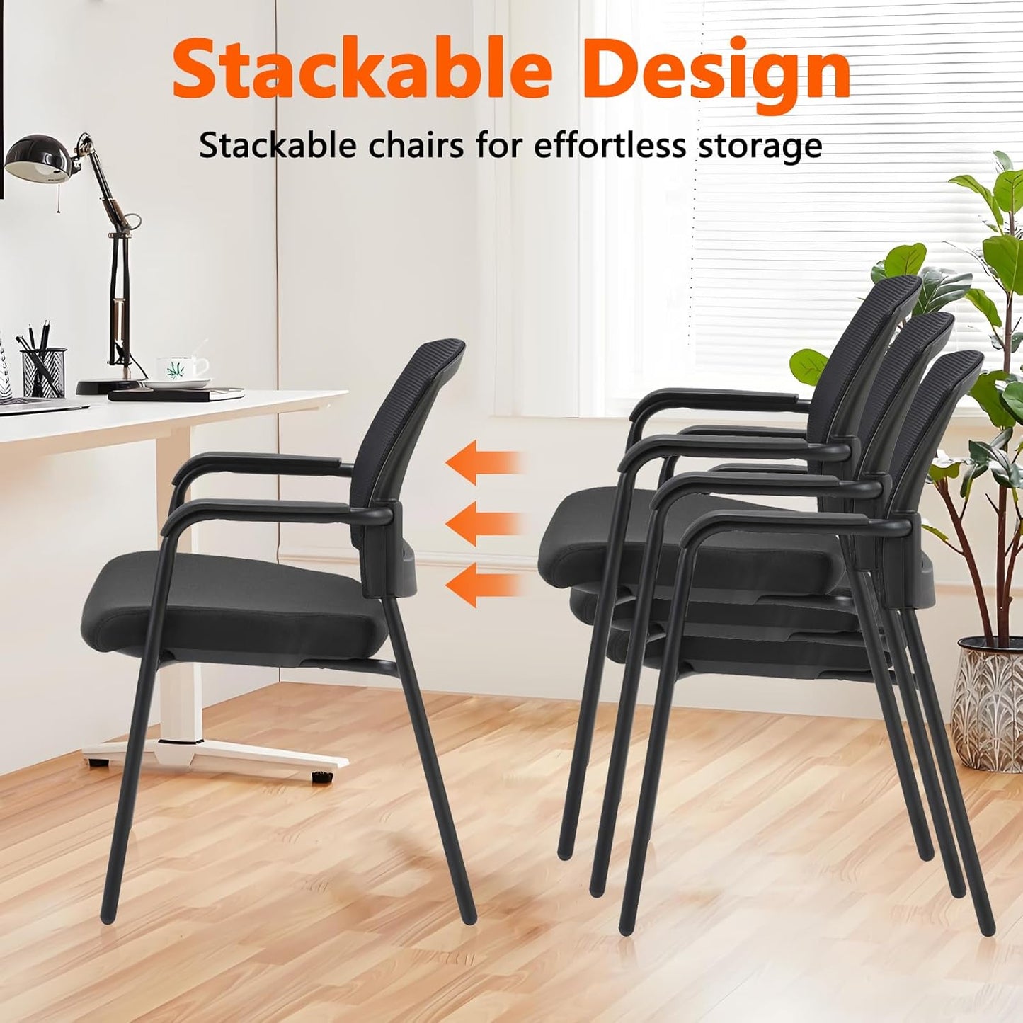 CLATINA Office Reception Guest Chair Mesh Back Stacking with Ergonomic Lumbar Support and Thickened Seat Cushion for Waiting Conference Room Black 4 Pack