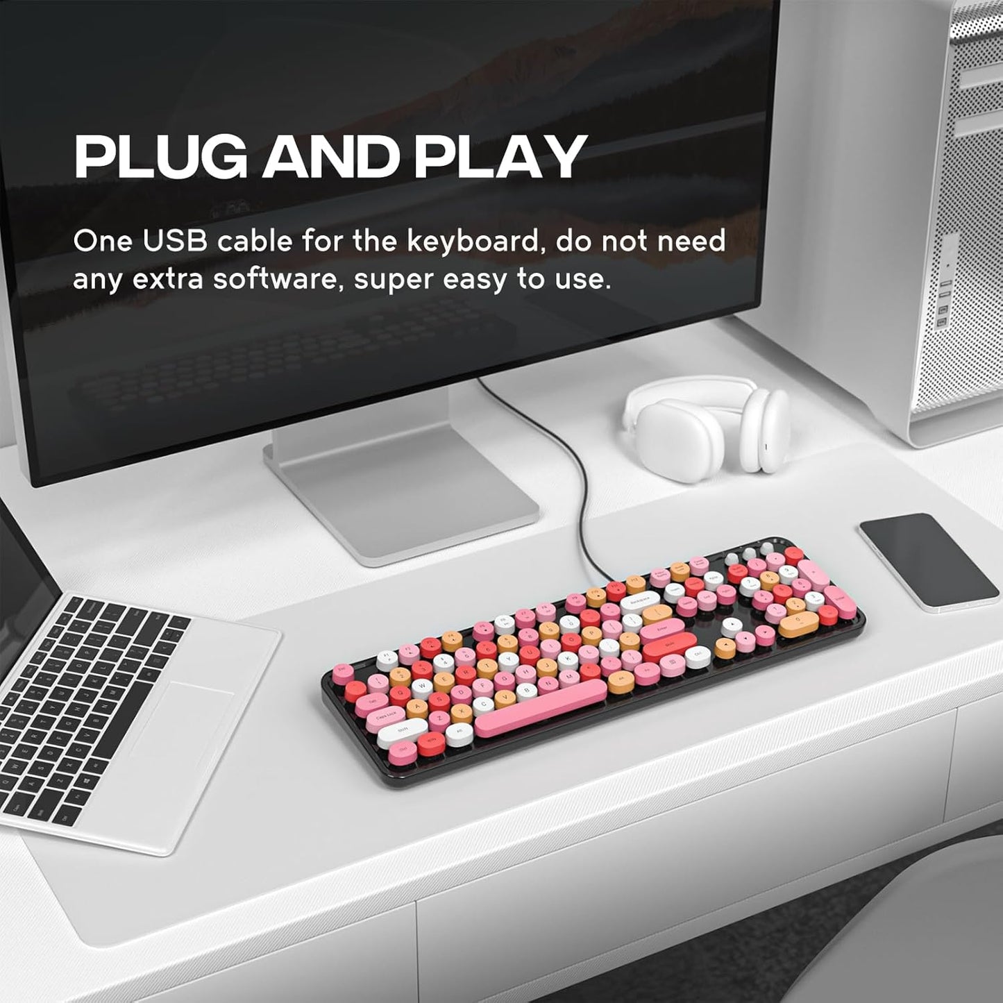 Wired Keyboard, 104 Keys Full-Sized Typewriter Keyboards, USB Plug and Play Office Keyboard with Number Pad, Caps Indicators for Windows 7 8 10, PC, Laptop, Desktop (Black Colorful)