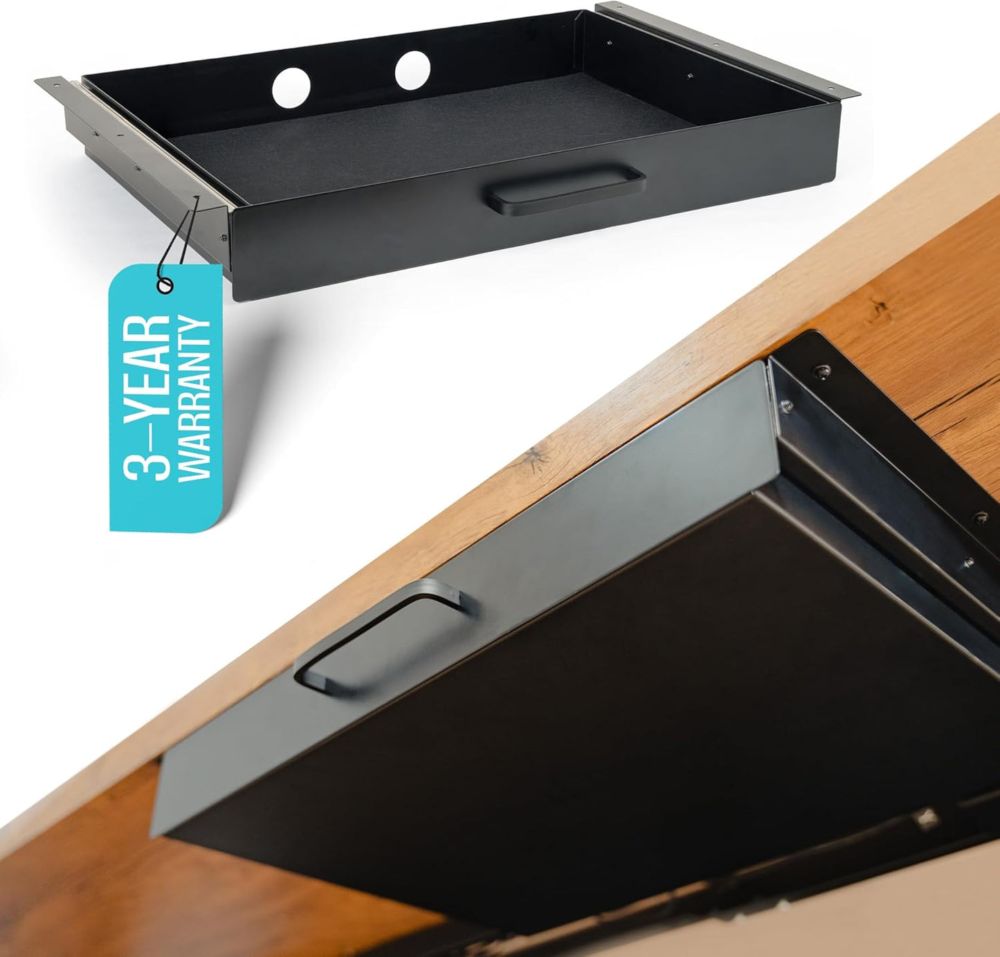 Under Desk Drawer Slide Out Attachment - Carbon Steel Undermount Table Drawer with Cable Management, Pull Out Add-On Storage for Office & Standing Desks (21.5" x 14" x 2.8")
