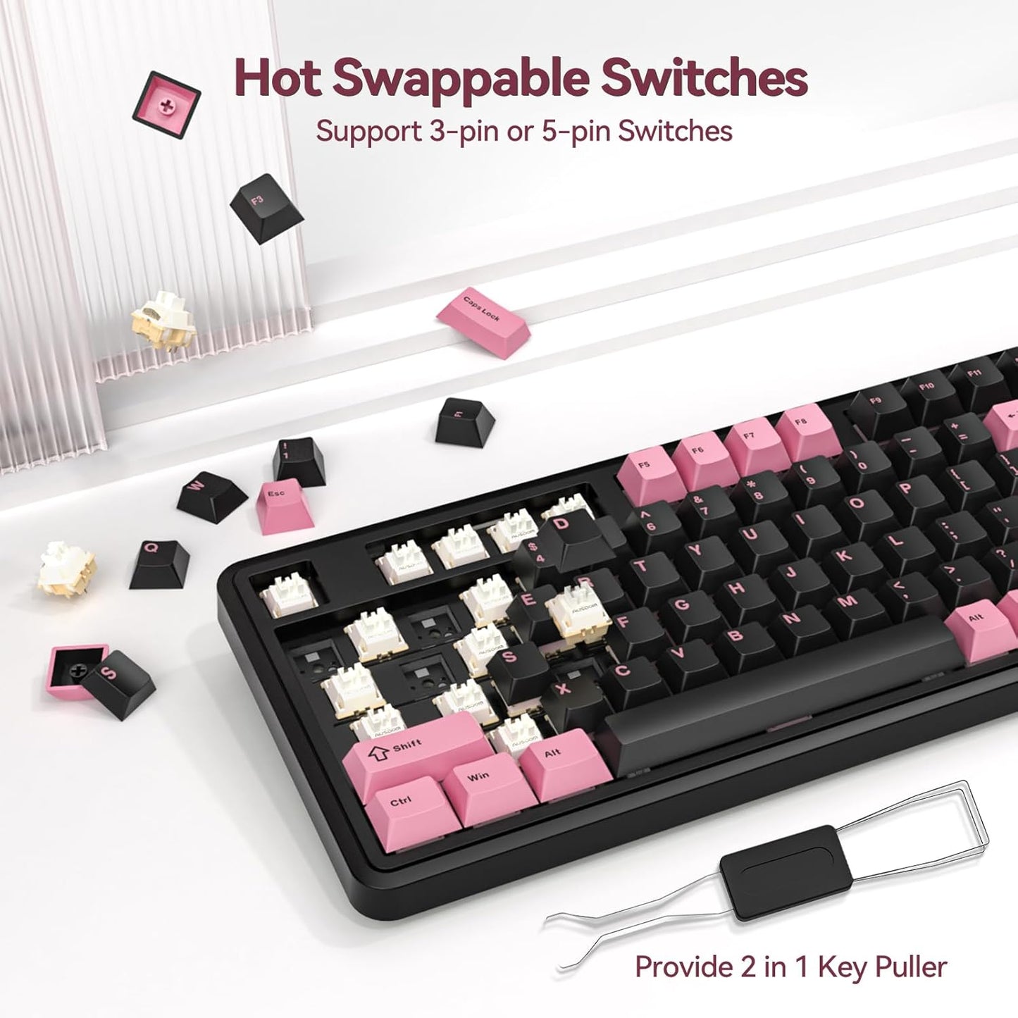 AUSDOM 98Pro Wireless Mechanical Keyboard, Tri-Mode BT/2.4GHz/USB-C Hot Swappable Custom Gaming Keyboard with Backlit, Gasket Structure, Linear Switches for Windows/Mac/PC (Black&Pink 97keys)