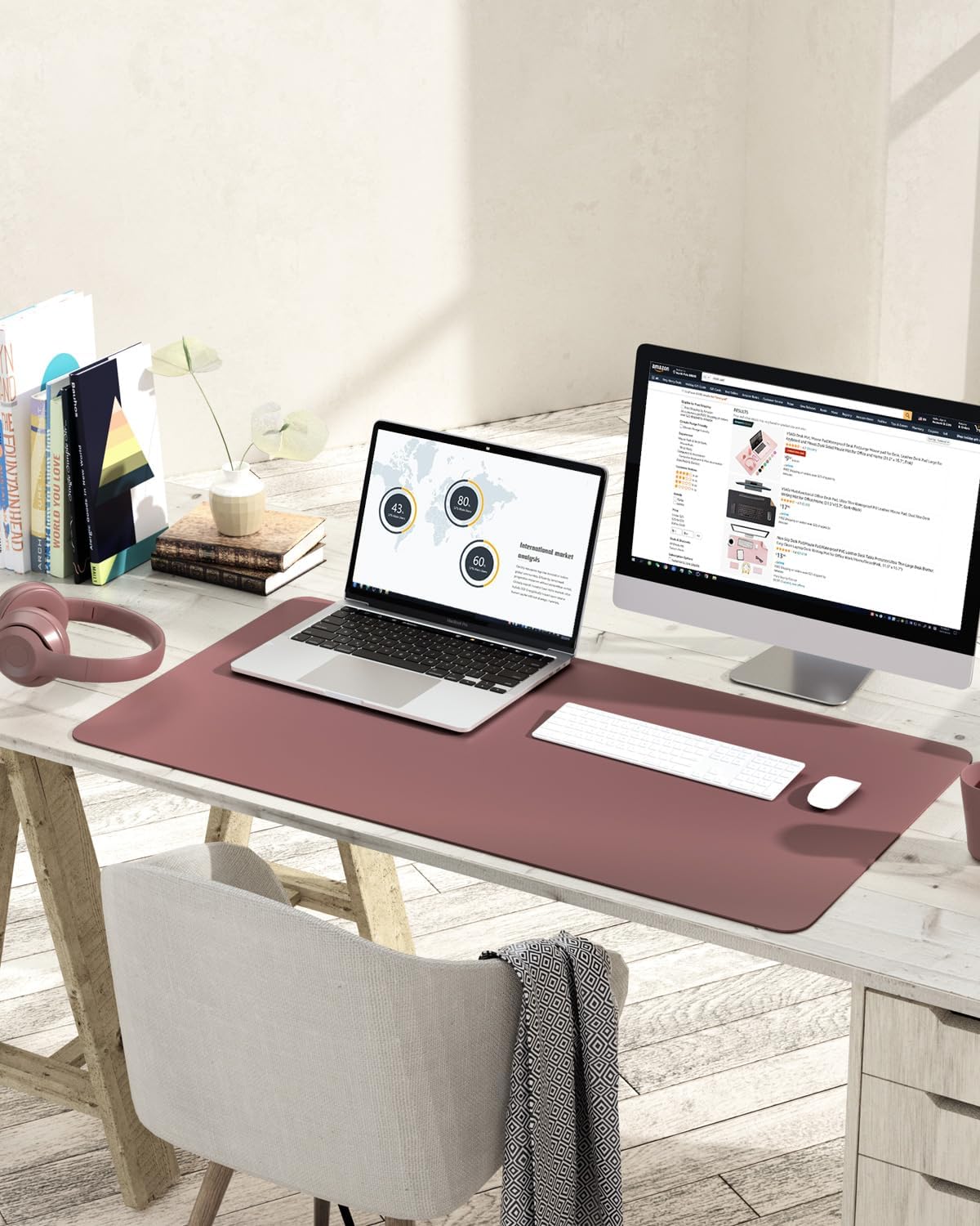 YSAGi Non-Slip Leather Desk Pad L Size, Waterproof Laptop Computer Desk Keyboard Mat, Table Protector Blotter Mat, Large Mouse Pad for Office/Work/Home/Decor(Dark Pink, 35.4" x 17")