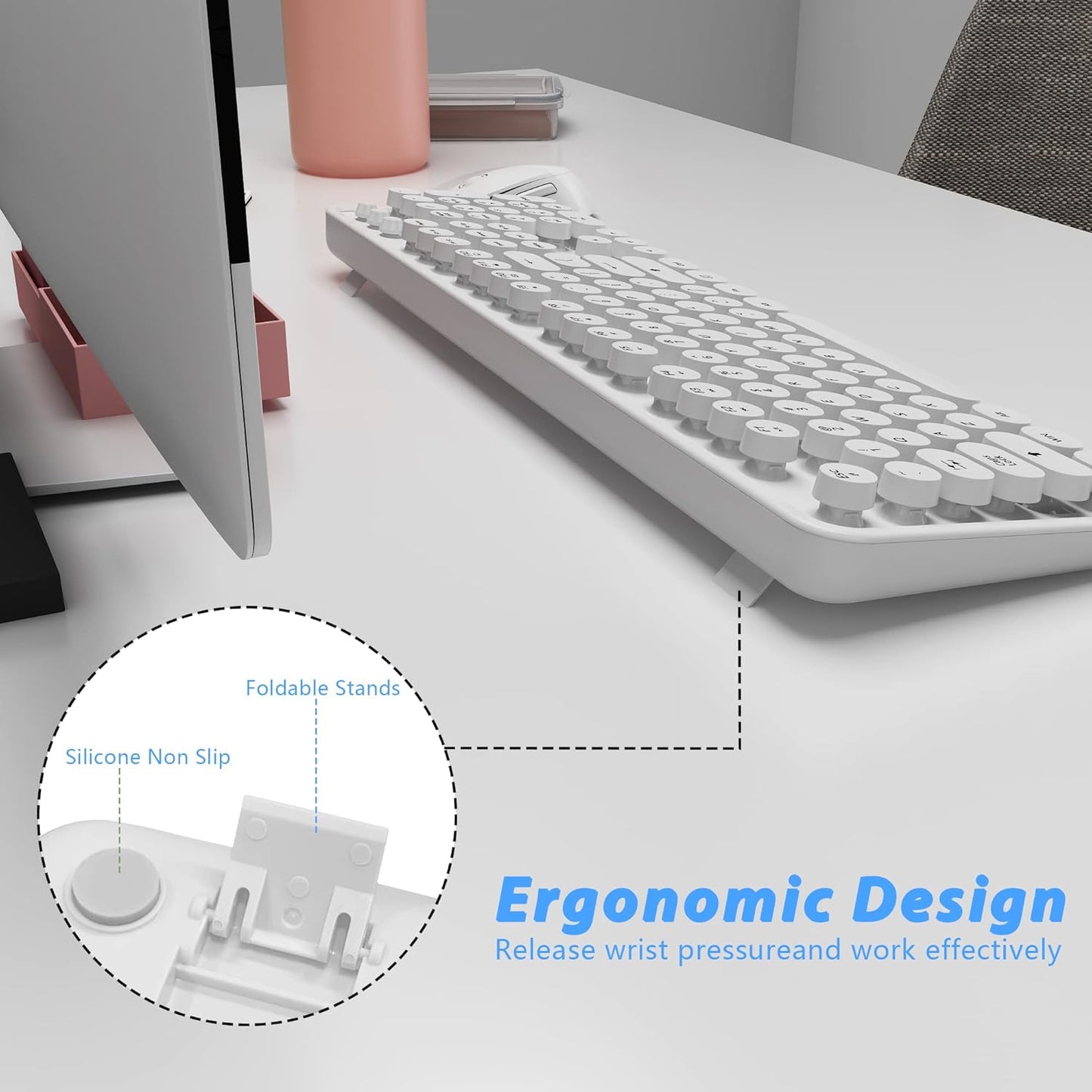 Wireless Keyboard Mouse Combo, 104 Keys Cute White Keyboard with Number Pad & Mouse for Windows, Computer, PC, Notebook, Laptop (White)