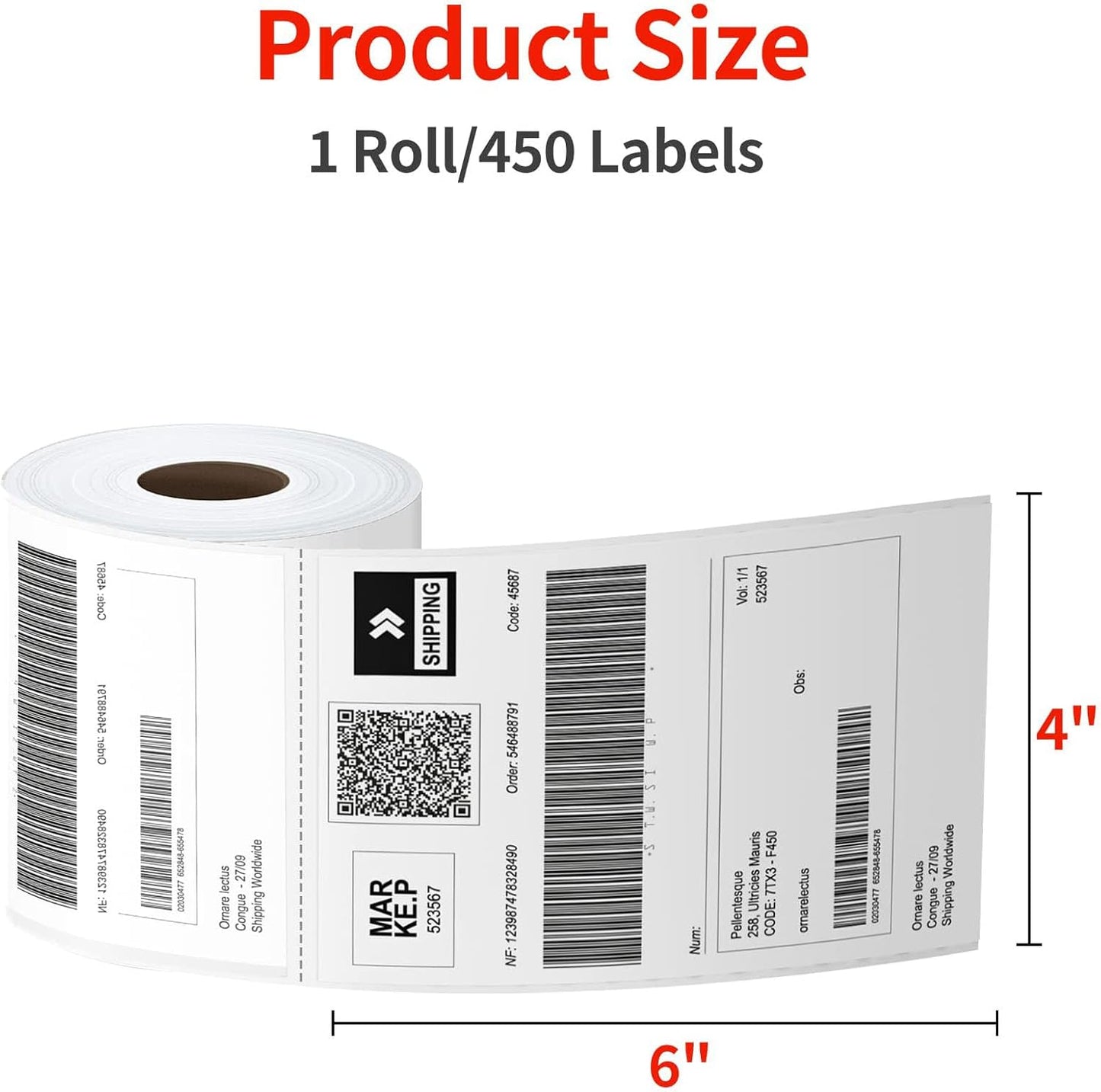 Direct Thermal Labels 4x6-450 Labels/Roll, Thermal Shipping Labels for Zebra 2844 ZP-450 ZP-500 ZP-505,4 Rolls,1800 Labels(NOT for DYMO)