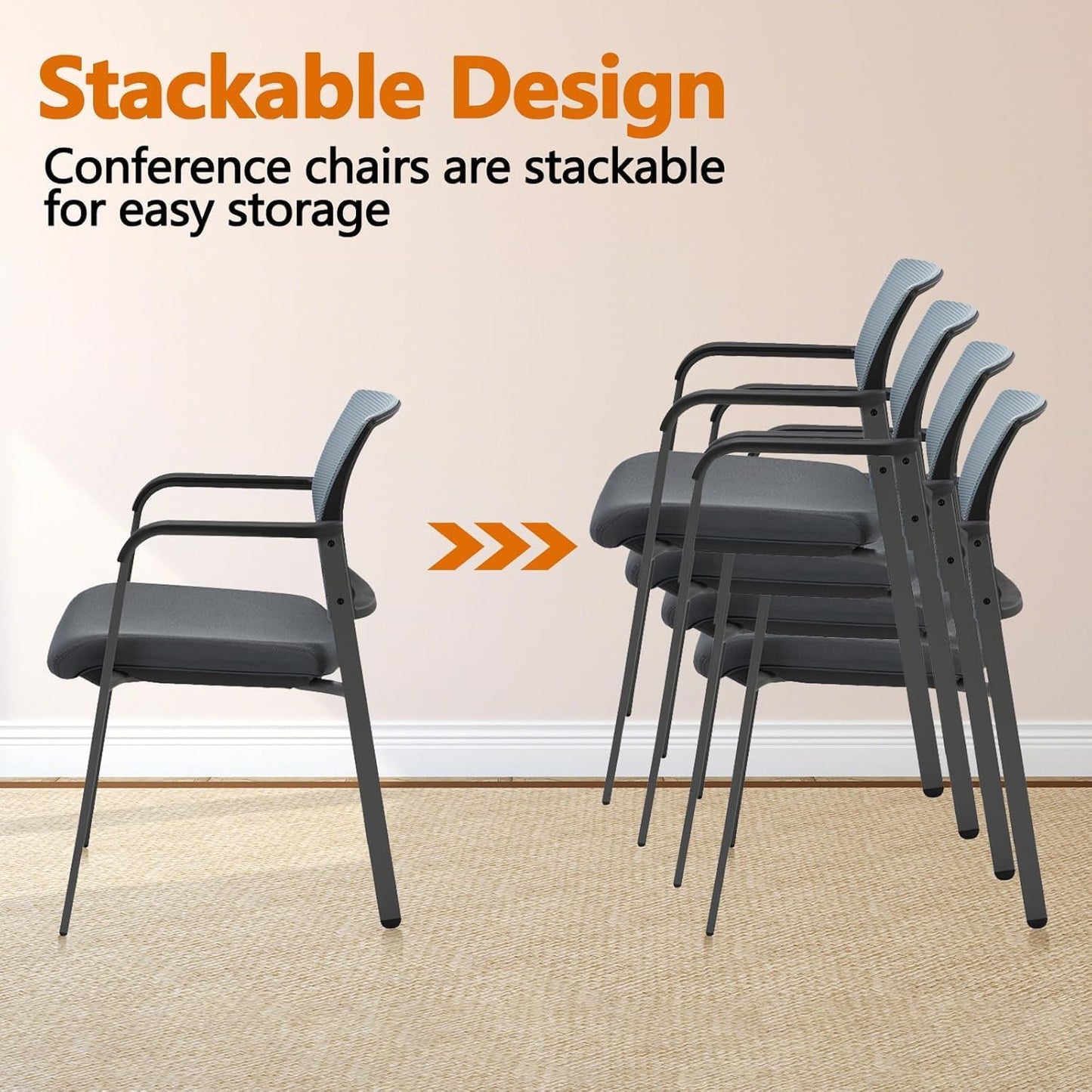 CLATINA Mesh Back Stacking Arm Chairs with Upholstered Fabric Seat and Ergonomic Lumbar Support for Office School Church Guest Reception Grey (Gray-8 Pack)