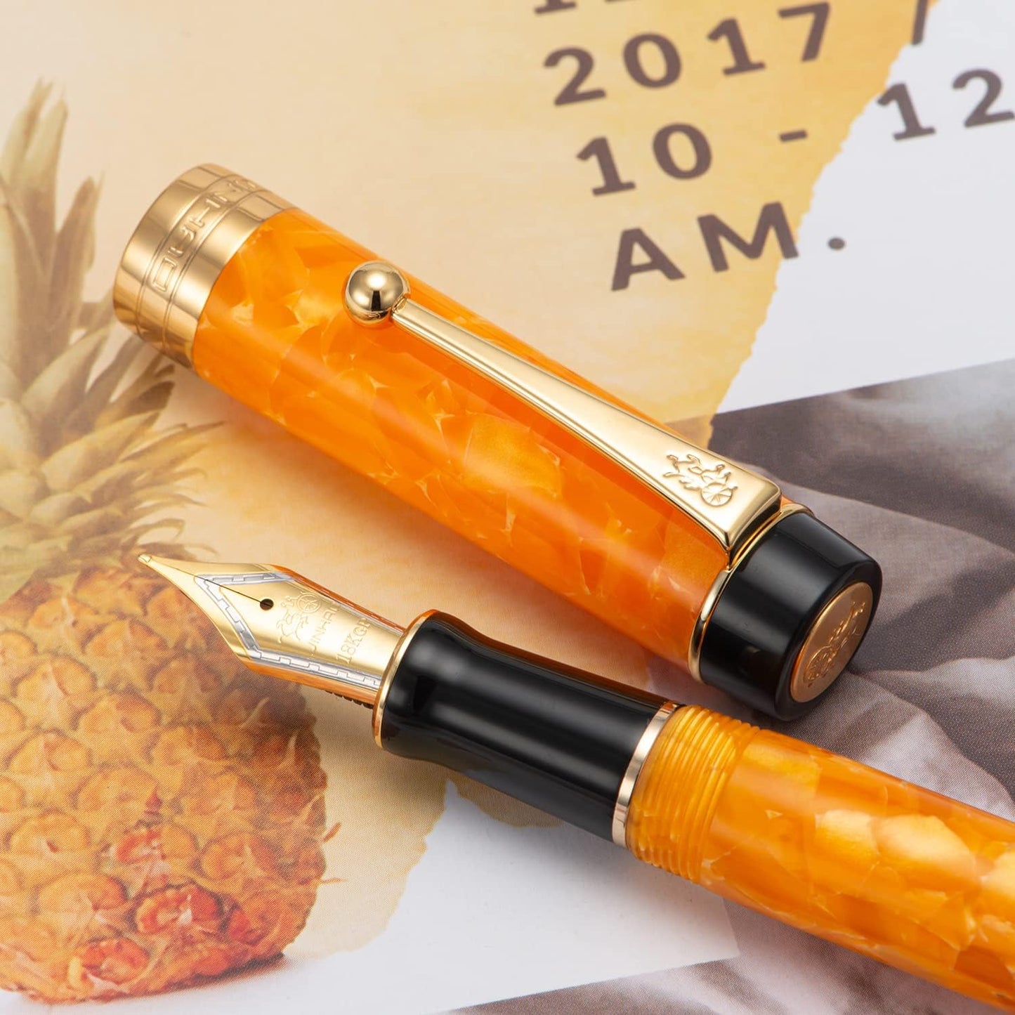 Jinhao 100 Fountain Pen Celluloid Classic Style, #6 Nib Smooth Writing Instrument with Refillable Converter and Pen Case Set