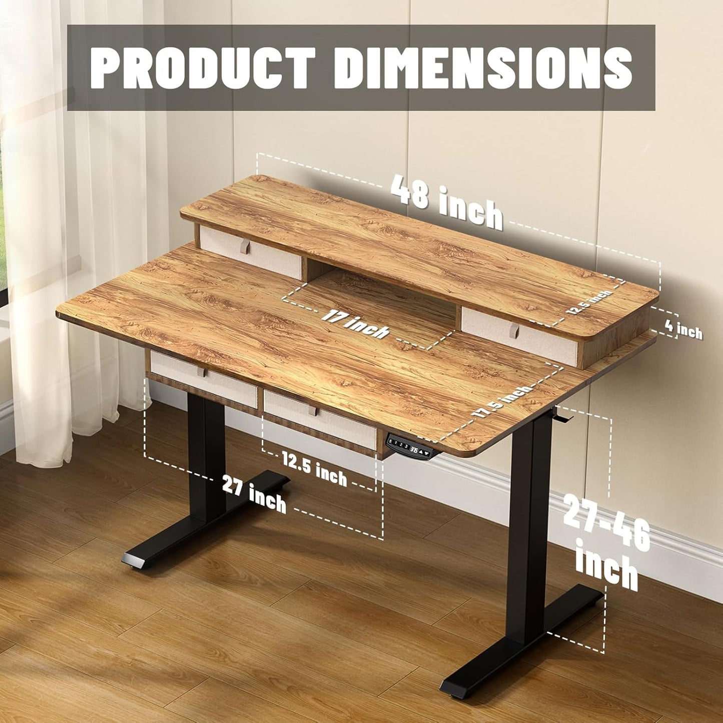 48 * 30 Inches Electric Standing Widened Desk Adjustable Height with 4 Drawers, Double Storage Shelves Stand Up Desk, Home Office Workstation Sit Stand up Desk (Light Rustic Brown)