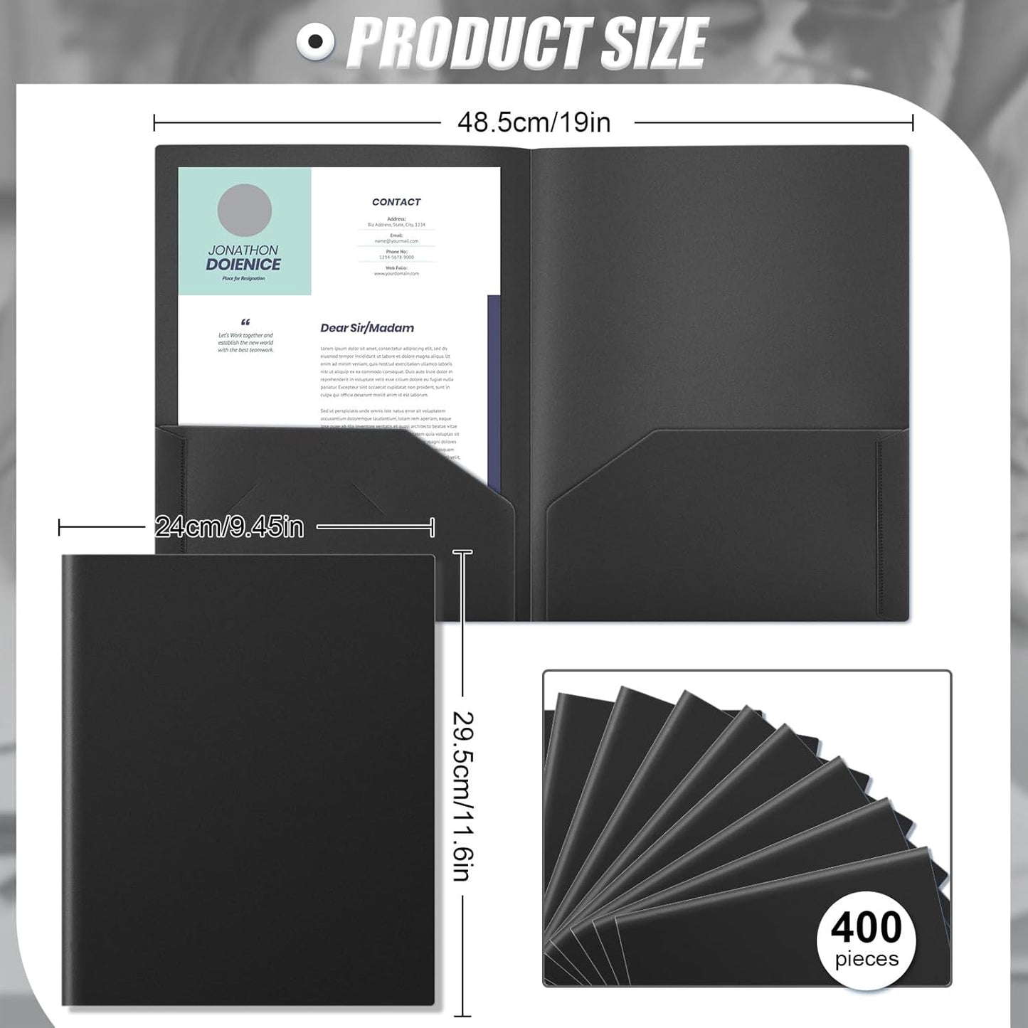 Gueevin 400 Pcs Two Pocket Folders Bulk Plastic File Folder with 2 Pockets Letter Size Paper Heavy Duty Durable Portfolios Case for Home Office School Business 11.61 x 9.45 Inch (Black)