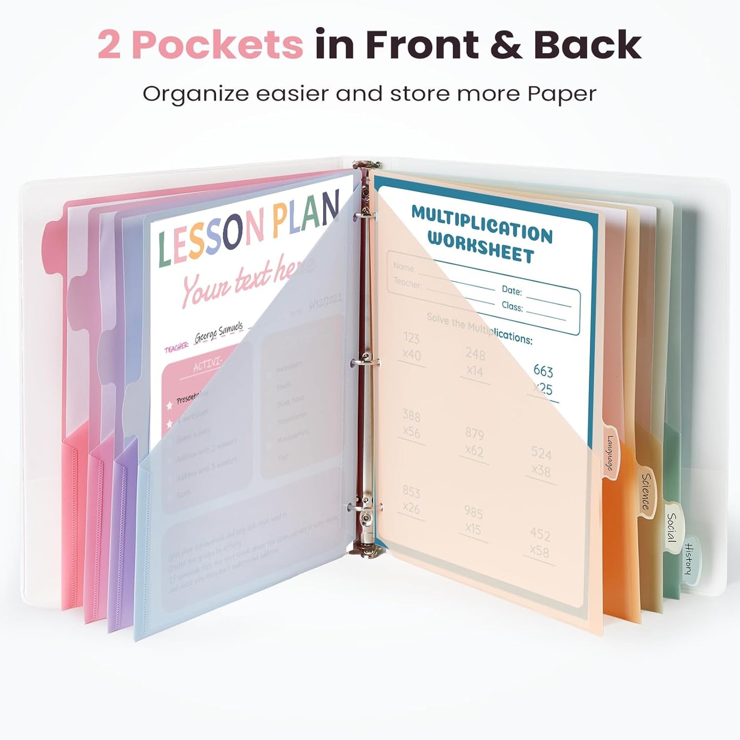 Sooez 8 Count Dividers with 2 Pockets, 8 Tabs Binder Dividers for 3 Ring Binders, Binder Dividers with tabs, Binder Divider with Pockets for US Letter Size, Insertable Big Tabs, Pastels, 1 Set