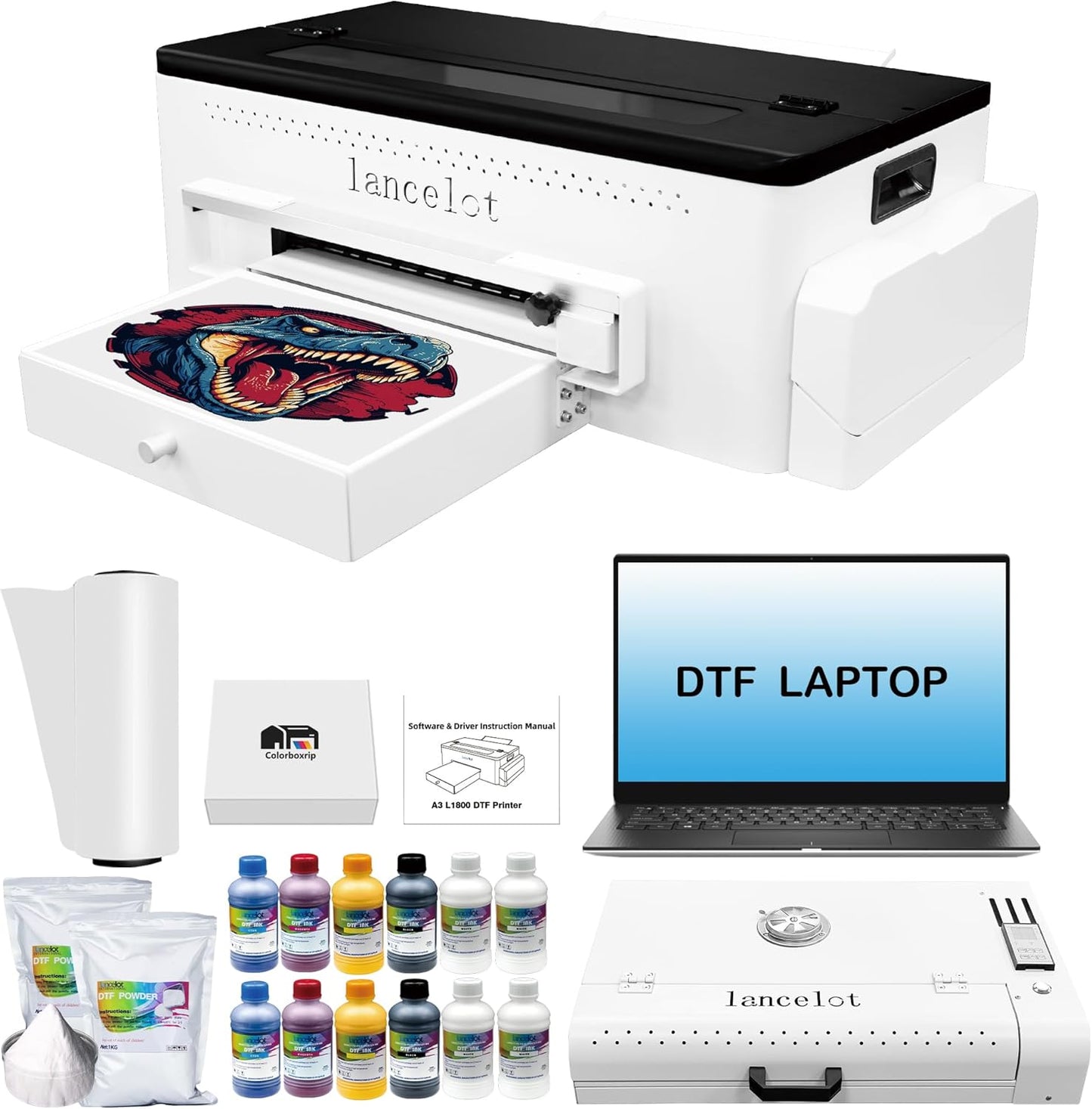 Lancelot A3 L1800 DTF Printer,T Shirt Maker Machine with Roll Feeder,DTF Laptop,White Ink Circulation,Fabric Transfer Printing Machine for Small Business(Printer+Software+Computer+Consumables)